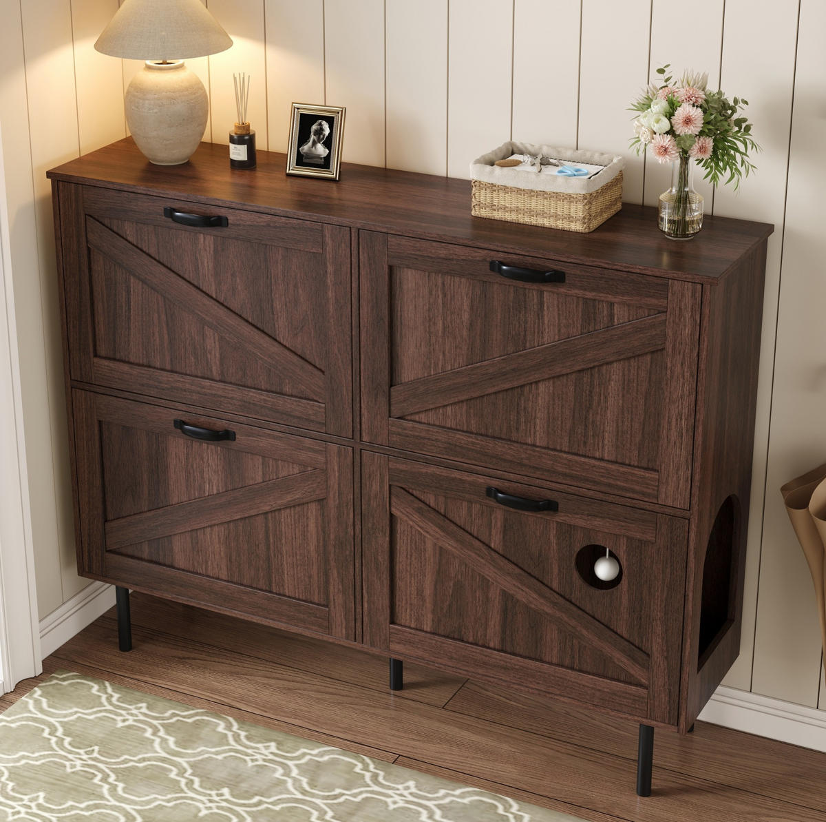 SCHUHSCHRANK 120/28/92 cm in Walnussfarben mit 4 Türen und Katzen-Spielmodul - Walnussfarben, Holzwerkstoff (120/92/28cm) - Flora Grace