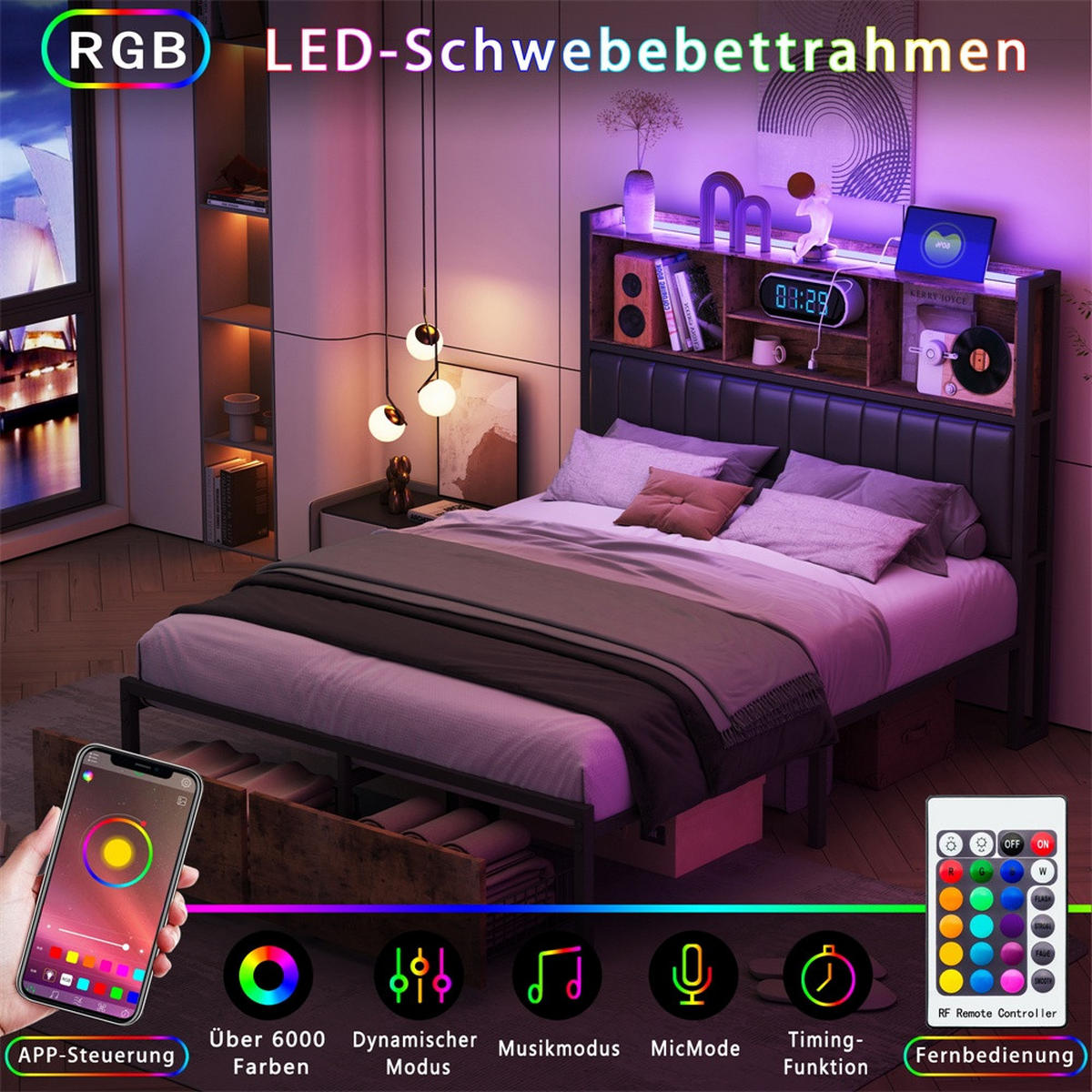 METALLBETT 140 x 200 cm mit 2 Schubladen - Kopfteil-Ablage mit LED-Beleuchtung und USB-Anschlüsse - Braun-Schwarz - Braun, Metall (140/200cm) - DELFA