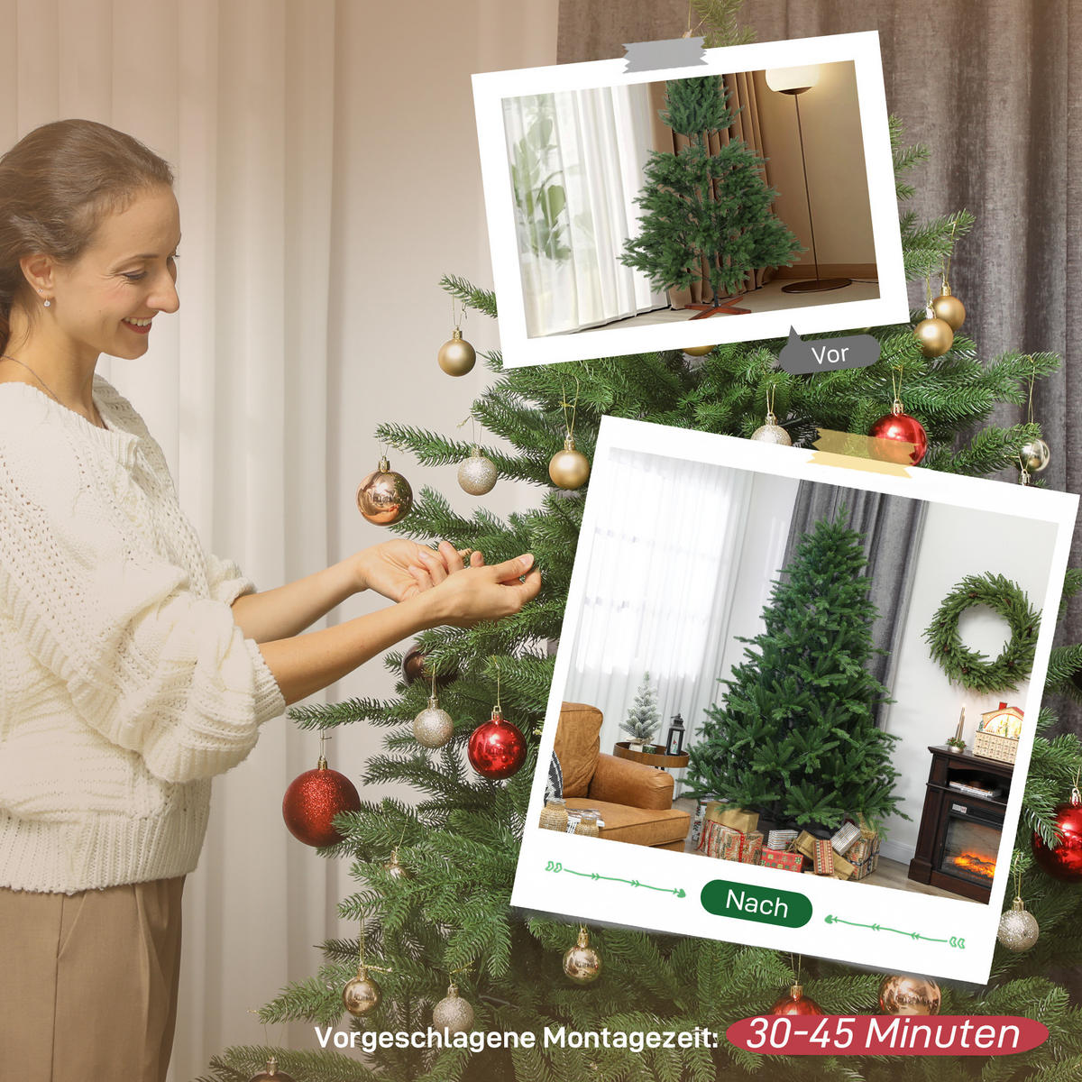WEIHNACHTSBAUM künstlich 210 cm Christbaum mit 1105 Zweigen, Kiefernholzsockel - Grün, Kunststoff (210cm) - HOMCOM