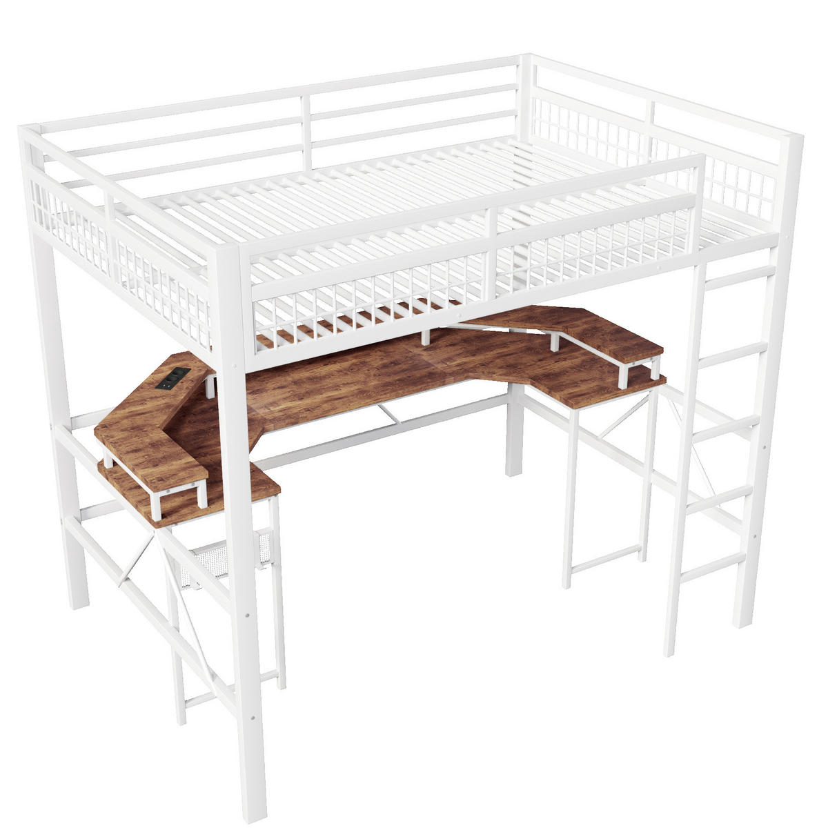 HOCHBETT 140/200 cm Weiß aus Metall mit LED und Schreibtisch - Weiß, Metall (140/200cm) - MIVRAY