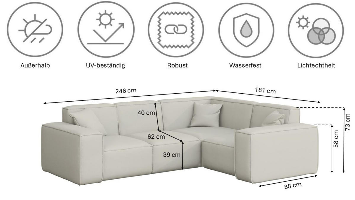 GARTENECKSOFA L-form MALIBU Stoff Odyssey Creme Rechts - Creme, Holz (246/73/181cm) - Kaiser Möbel
