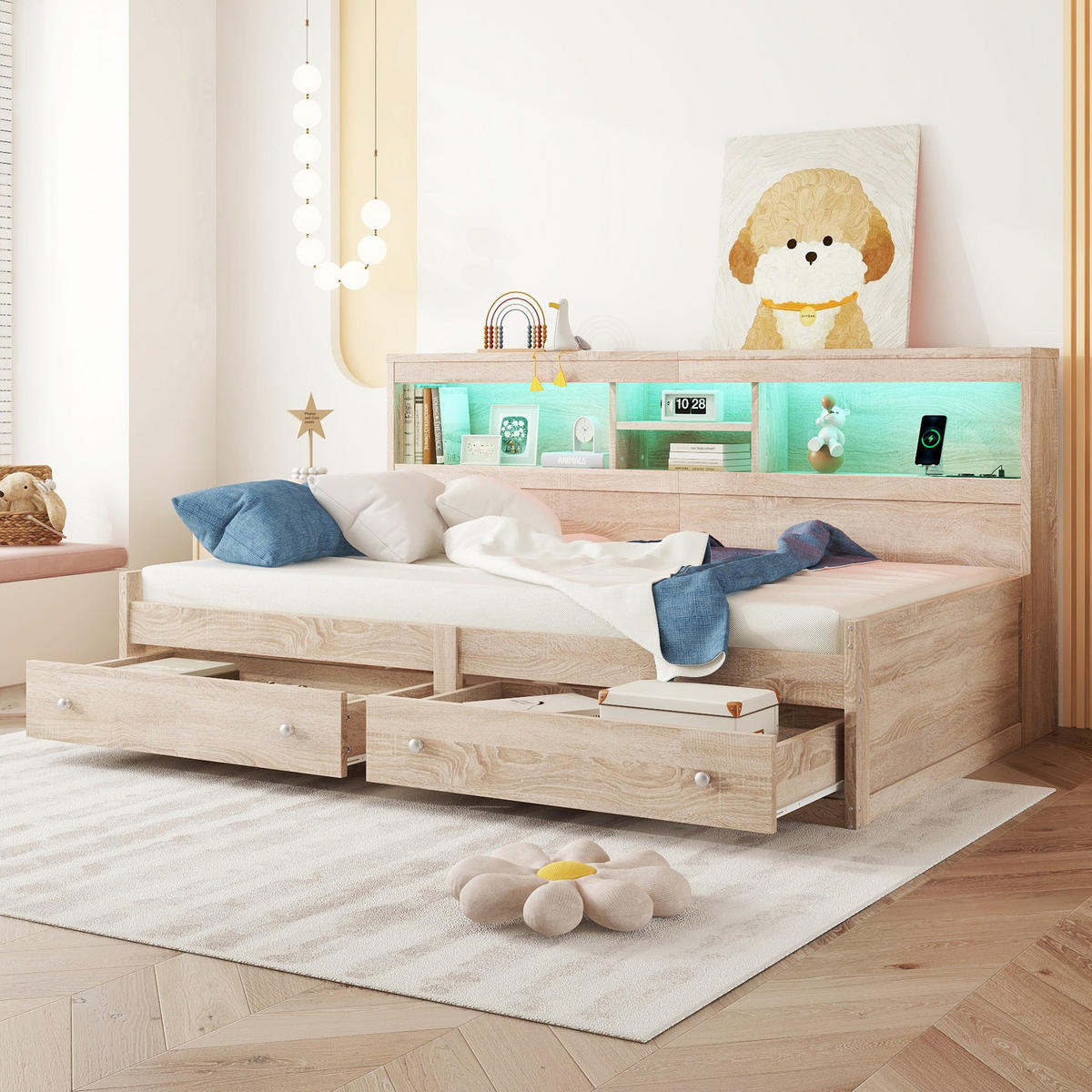 TAGEBETT 90x200cm Natur Spanplatte Nachtkästchen 2 USB Ambiente-Licht - Naturfarben, Holz (90/200cm) - FLIEKS