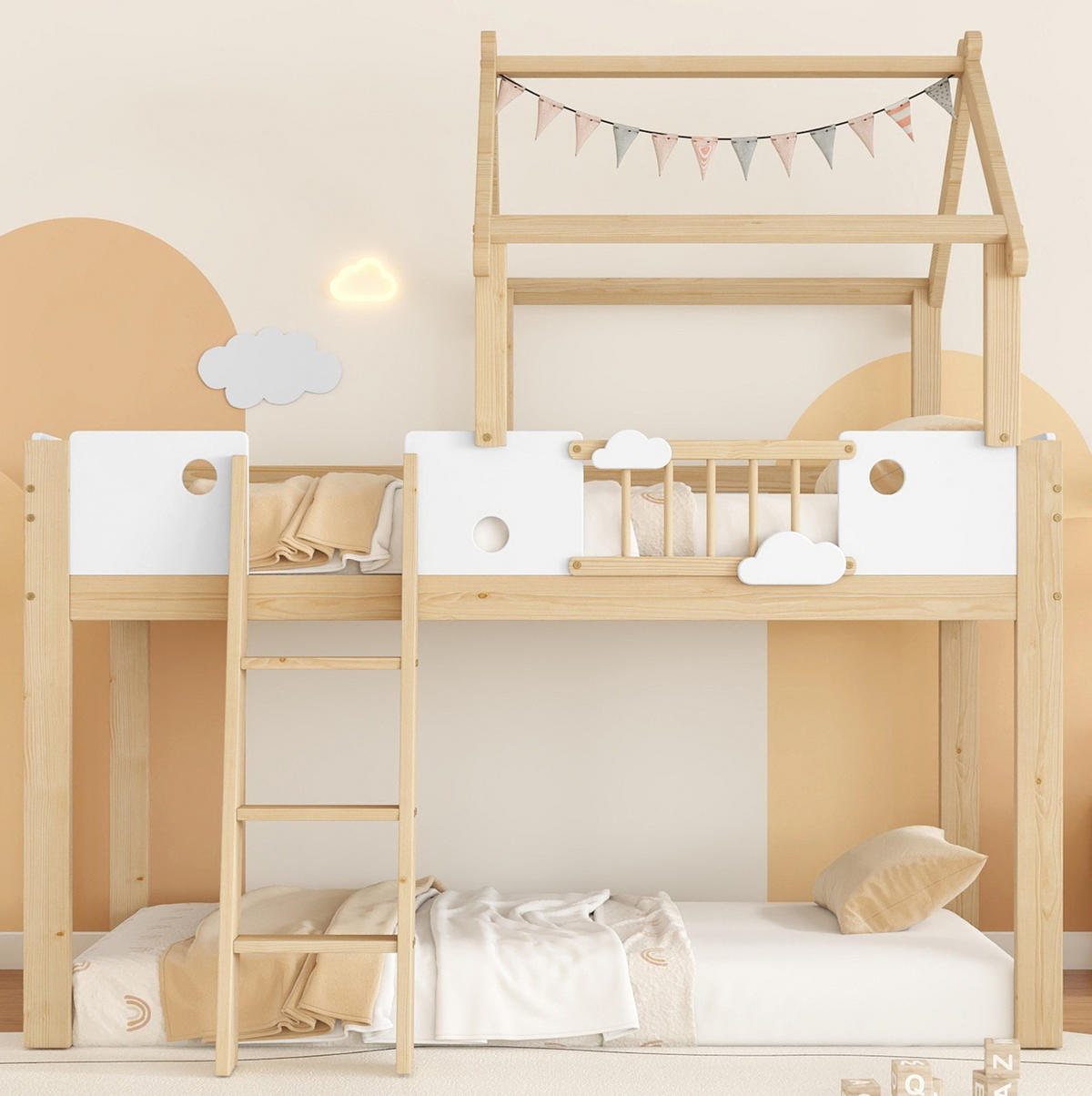 HOCHBETT aus Kiefer und MDF 90x200 cm Weiß/Natur mit Dachdesign, Fallschutz und dreistufiger Schrägleiter - Naturfarben, Holzwerkstoff (90/200cm) - Modfu