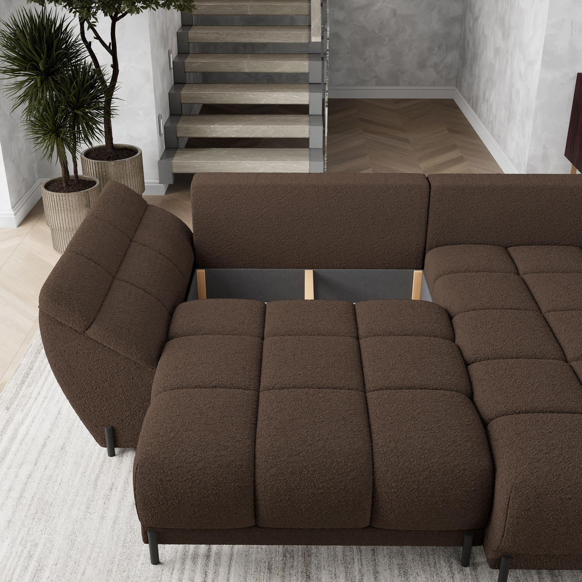 ECKSOFA VESTANO R-S Braun Boucle-Stoff mit Schlaffunktion - Braun, Holz (287/182cm) - MASSENO