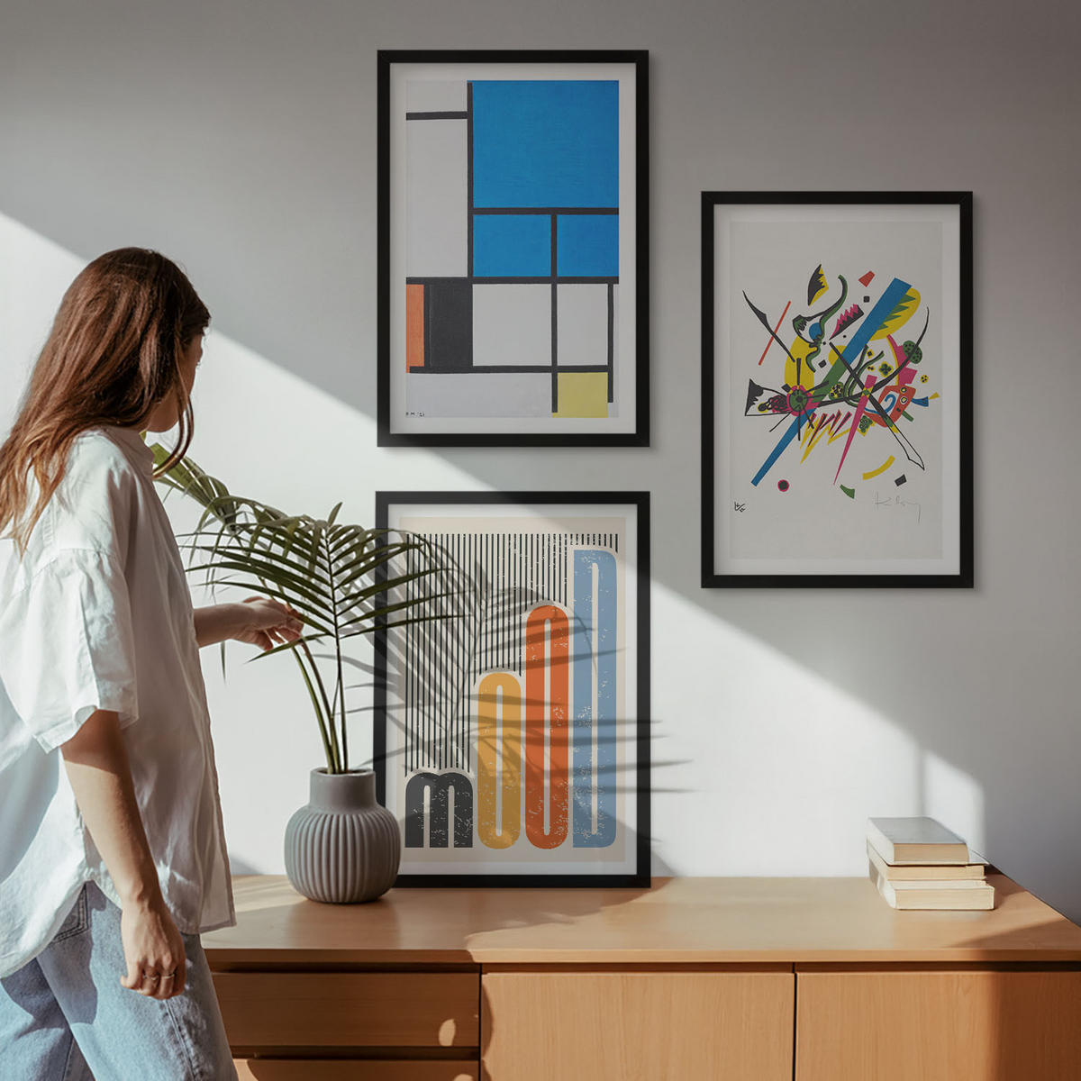 BILDER SET 3er Set - 40x60 cm Schwarzer Rahmen - Abstrakte moderne Geometrie - Schwarz, Kunststoff (40/60cm) - TULUP