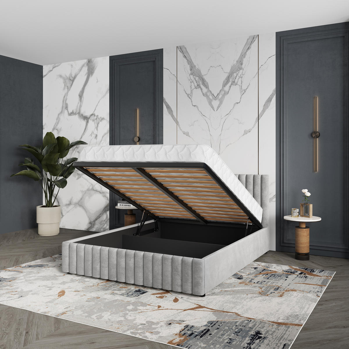 POLSTERBETT CARMIA 140x200 cm mit Bettkästen - Hellgrau - Hellgrau, Holz (140/200cm) - MASSENO