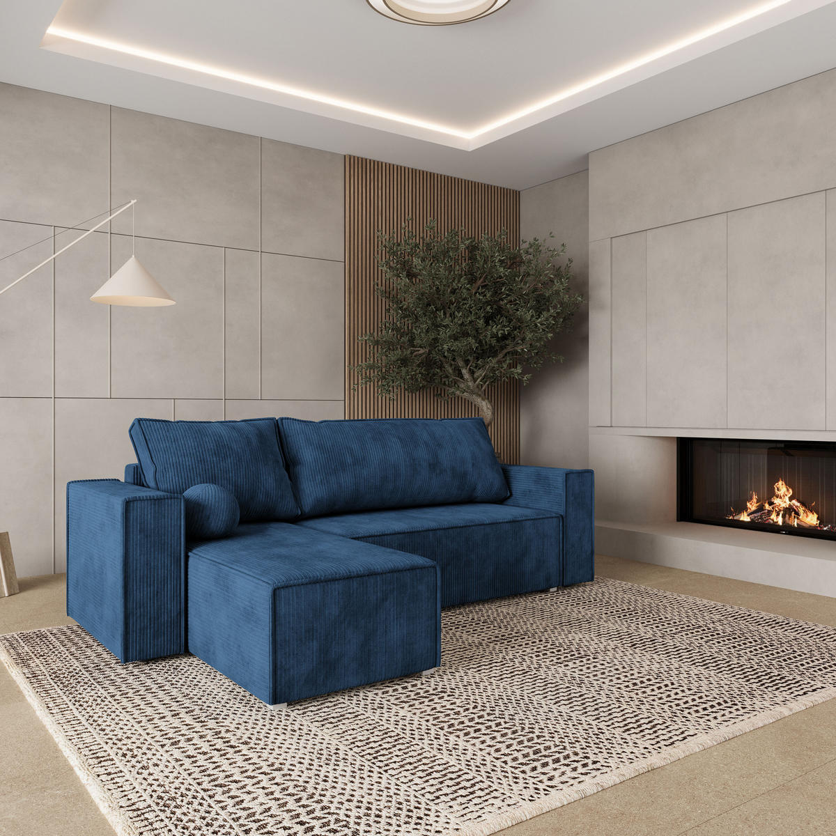 ROHOVÁ SEDAČKA RAVELO modrá - šedá/modrá, dřevo/textil (240/140cm) - MASSENO