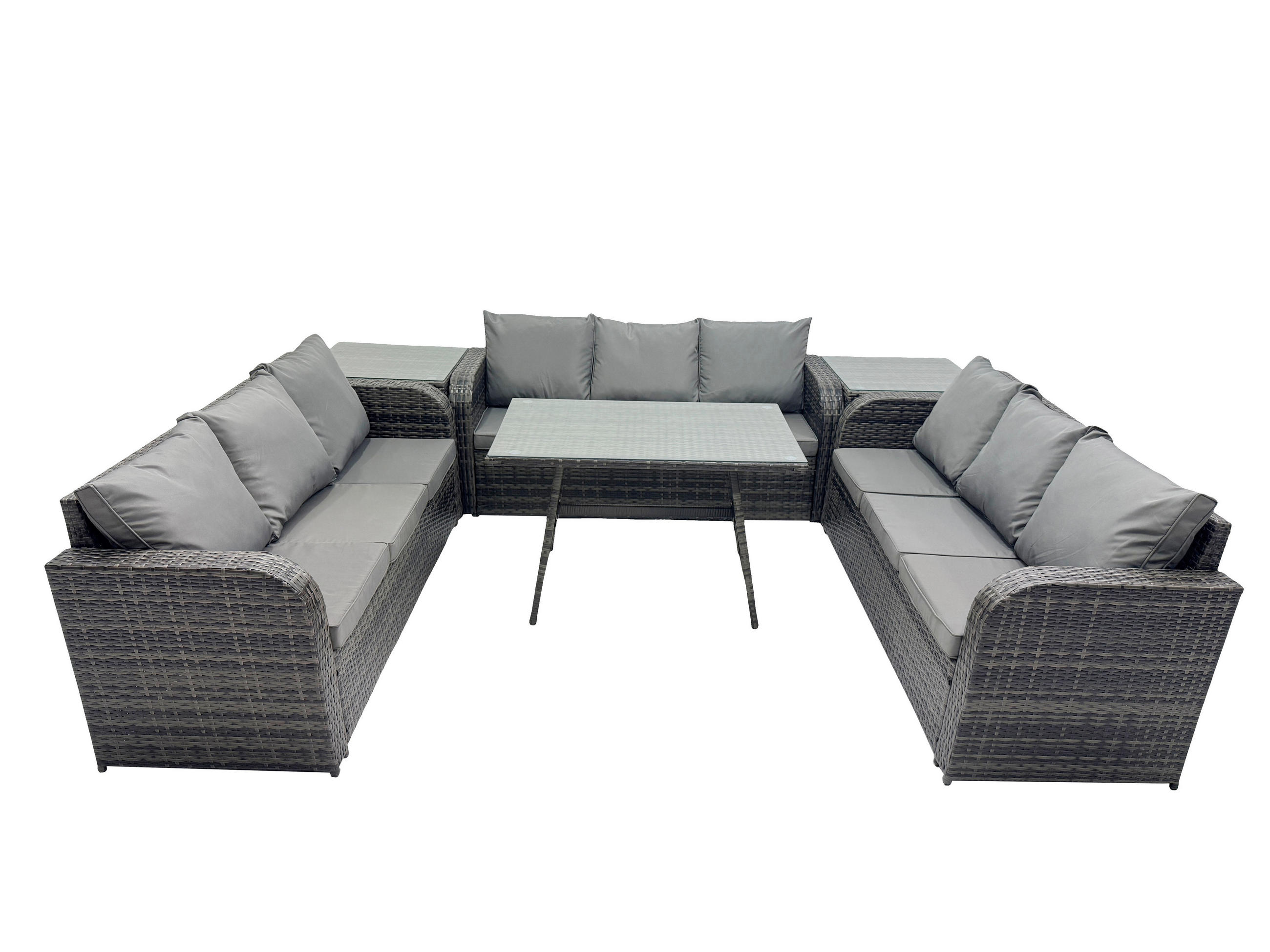 GARTENMÖBELSET mit ESSTISCH, 3-SITZER SOFA Polyrattan 9-Sitzer - Dunkelgrau/Grau, Glas/Kunststoff - Fimous