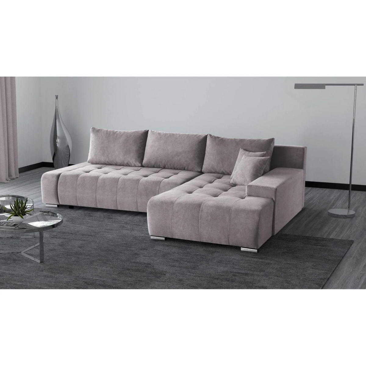 ECKSCHLAFSOFA Draco L Rosa - Silberfarben/Rosa, Textil/Metall (267/186cm) - Beautysofa