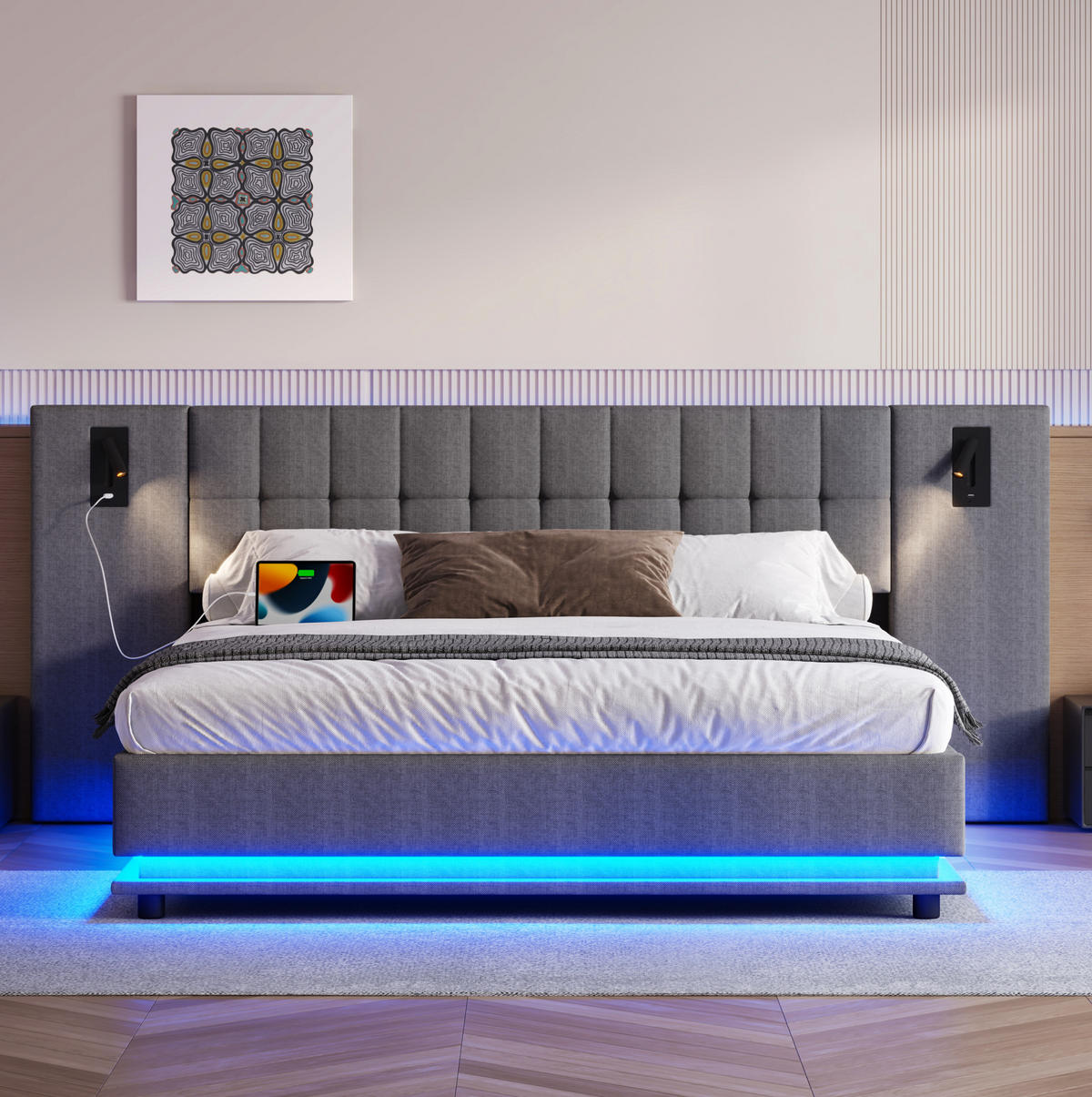 ČALOUNĚNÁ postel s LED páskem, 180/200 cm šedá, s USB a světlem v čele - šedá, textil (180/200cm) - BEAOK
