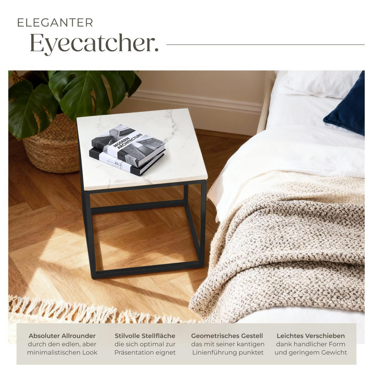 MARMOR-BEISTELLTISCH Alysia,mit höhenverstellbaren Kunststofffüßen,schwarz/weiß - Schwarz/Weiß, Stein (45/45/47.5cm) - tectake