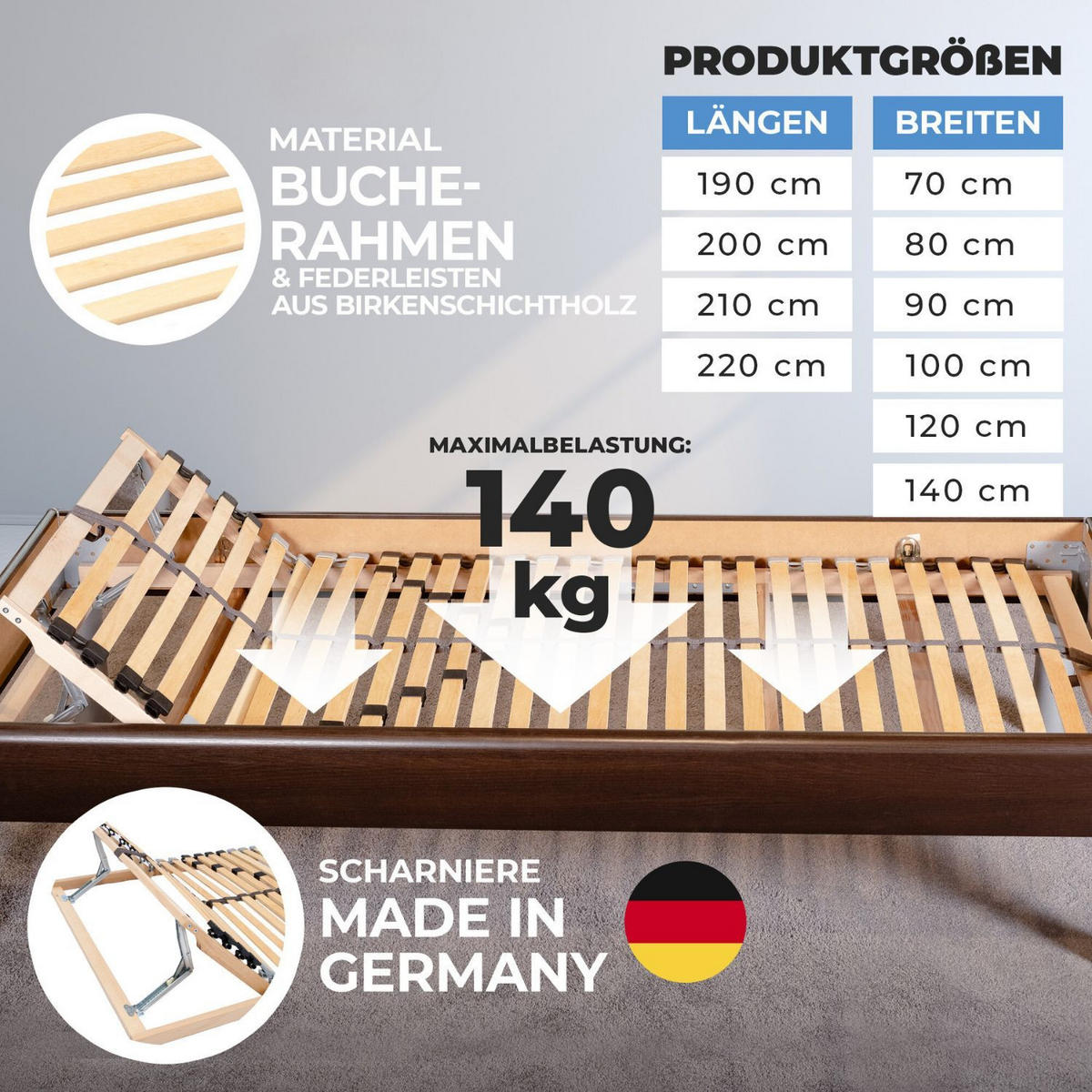 LATTENROST ERGO K 90x200 cm Kopfteil verstellbar - Naturfarben, Holz (90/200cm) - Coemo