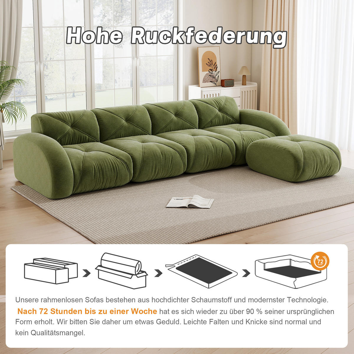 ECKSOFA 358/171/76 cm Grün Chenille mit 1 Fußhocker, rutschfeste Unterseite - Grün, Textil (358/171cm) - Oxeza