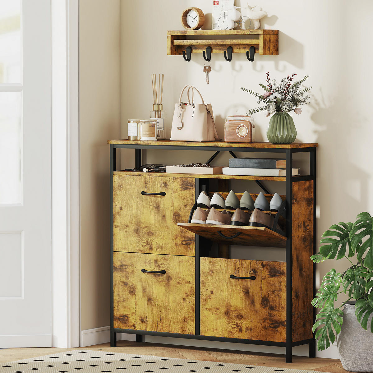 SCHUHSCHRANK mit 4 Klappen Schmal Schuhkipper mit Verstellbar Trennwand Braun - Schwarz/Braun, Holzwerkstoff/Metall (24/95/98cm) - HOMCOM