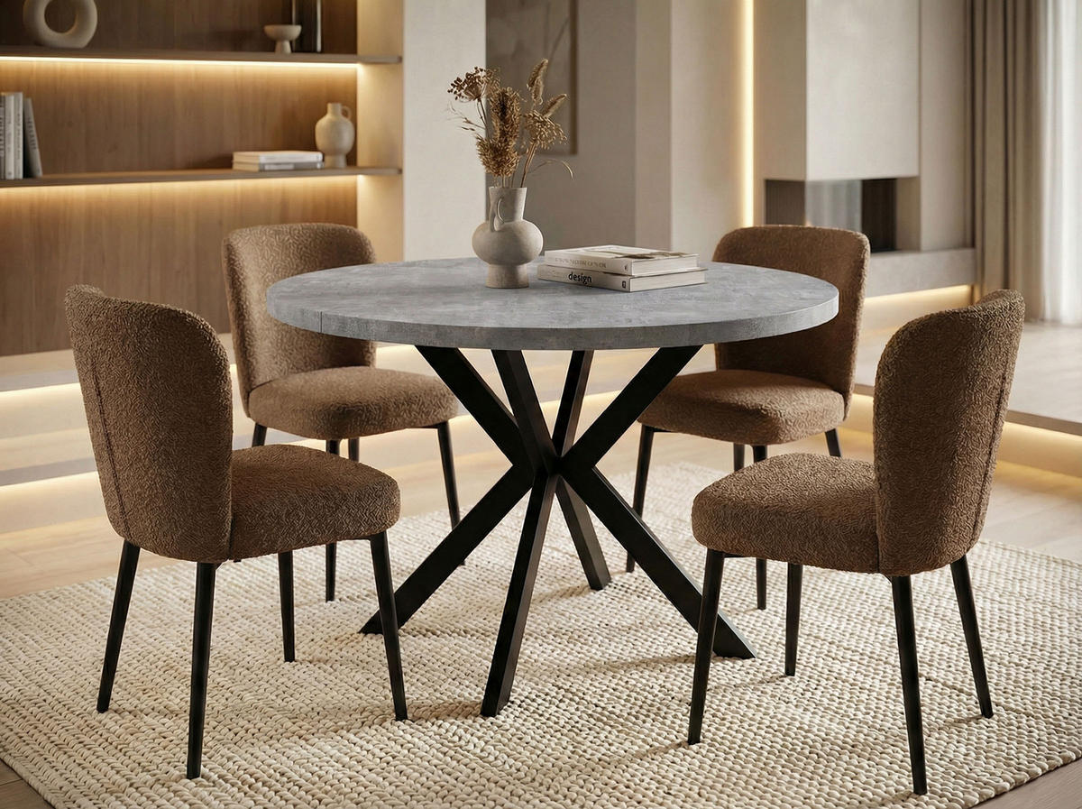 ESSTISCH Valeo runder ausziehbarer, Grauer Beton 100-180/100/76 cm - Hellgrau/Schwarz, Holzwerkstoff/Metall (100/100/76cm) - WFL GROUP