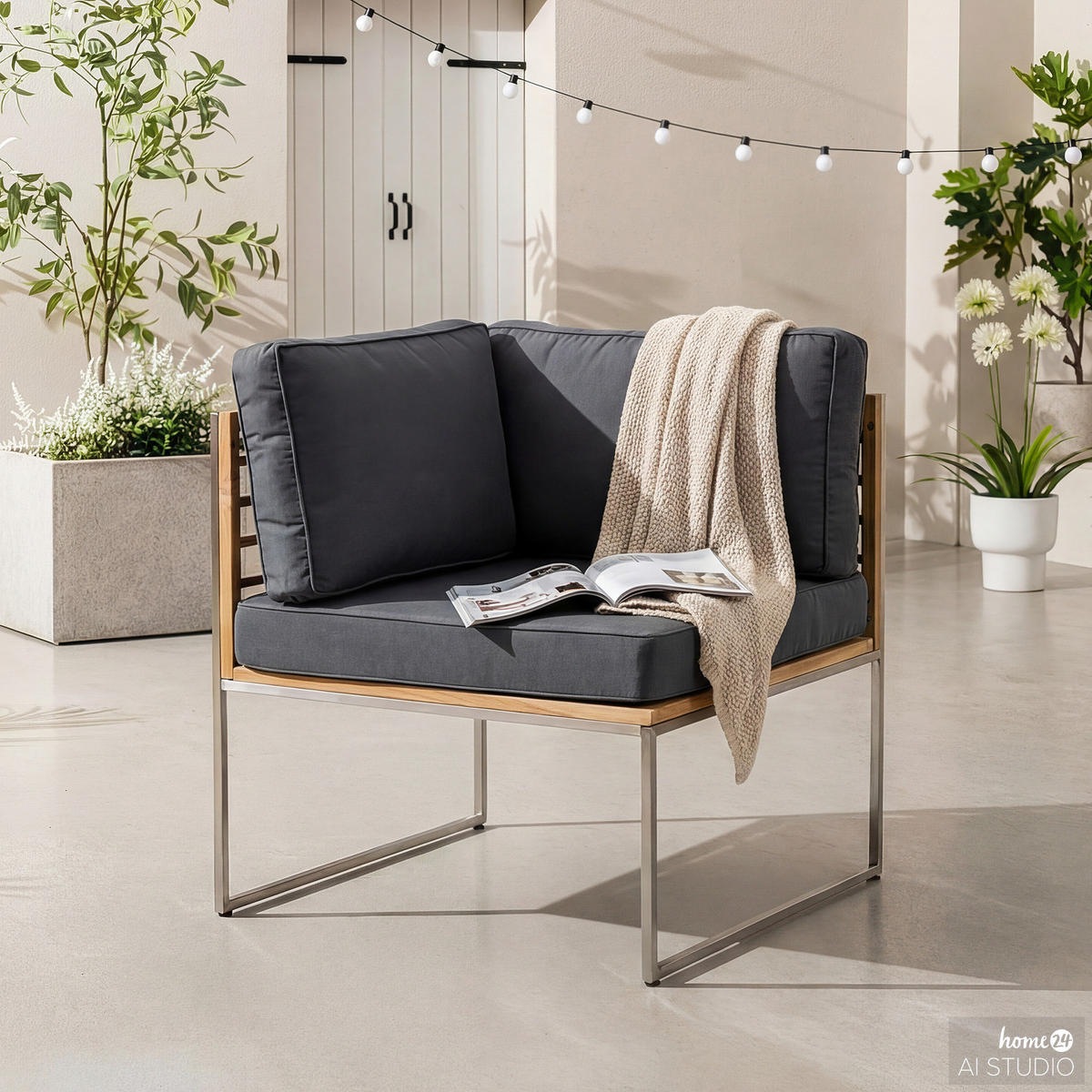 ECKMODUL - Grau / Braun - Teak / Edelstahl - Webstoff / Teak massiv - Silberfarben/Braun, Holz/Textil (70/80/70cm) - home24