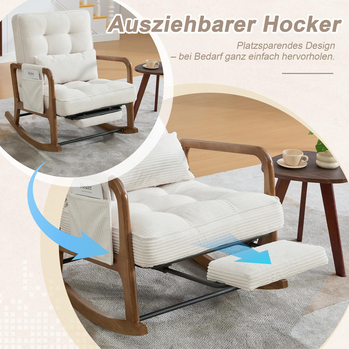 SCHAUKELSTUHL Beige Cord mit Fußstütze, Seitentaschen und verstellbarer Lehne - Beige, Textil (80/92/70cm) - Oxeza