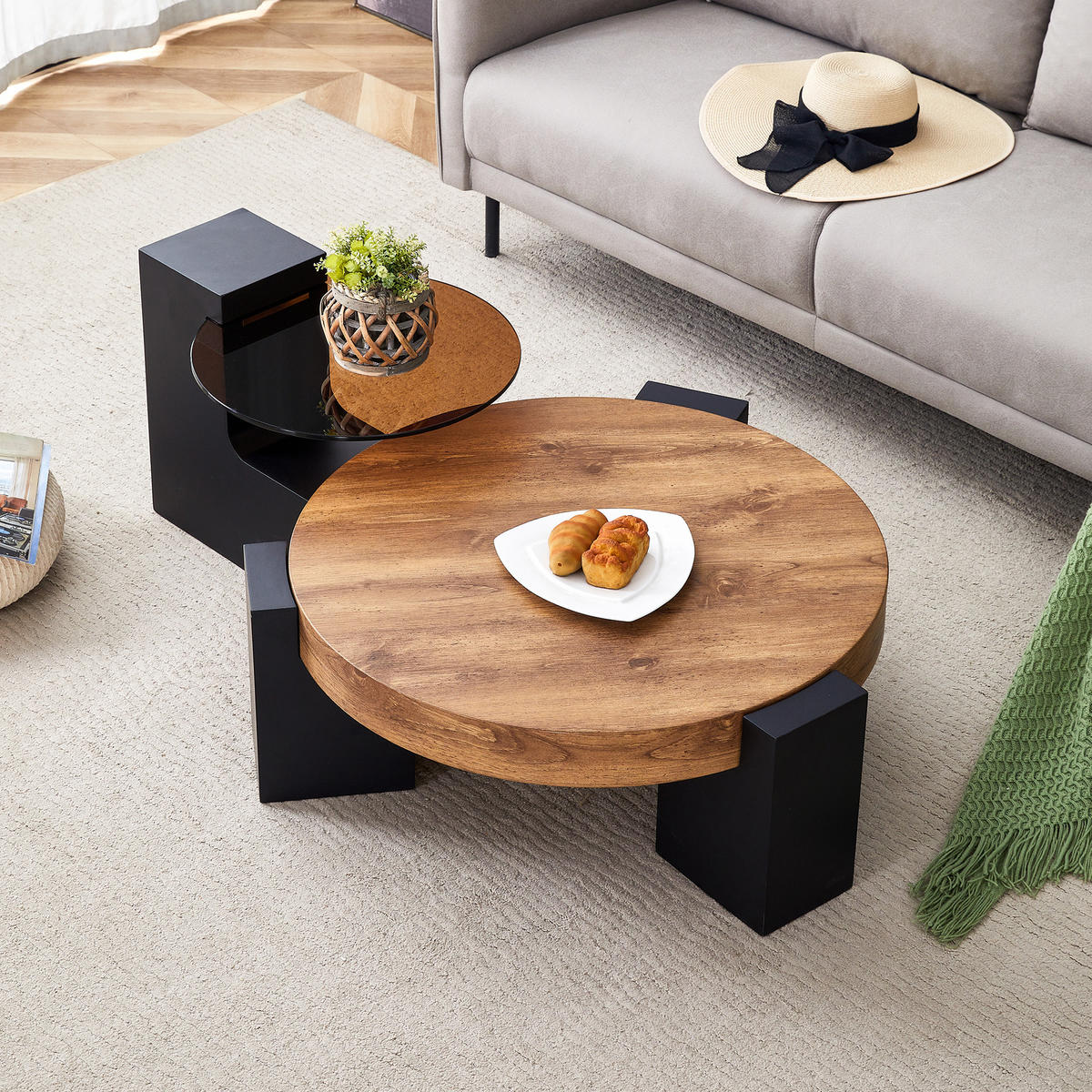 COUCHTISCH set glas holzoptik zerlegbar flexibel - Eichefarben, Holzwerkstoff (61/61/44cm) - Urban Meuble