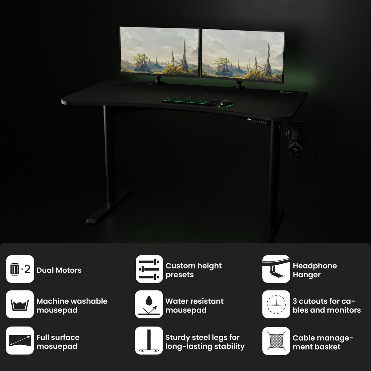 GAMINGTISCH Arena Moto 160/82/73-117 cm Höhenverstellbarer Schwarz - Schwarz, Metall (82/160/117cm) - Arozzi