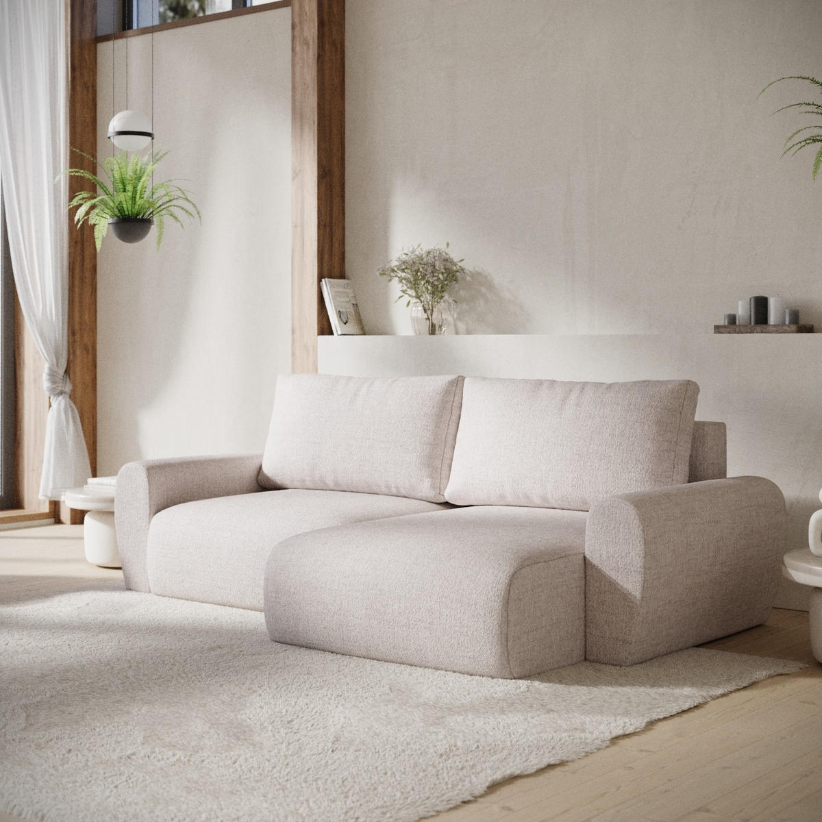 ROHOVÁ SEDAČKA OMARI, textil, Světle béžová - černá/písková barva, dřevo/kompozitní dřevo (253/153cm) - AltaBeds