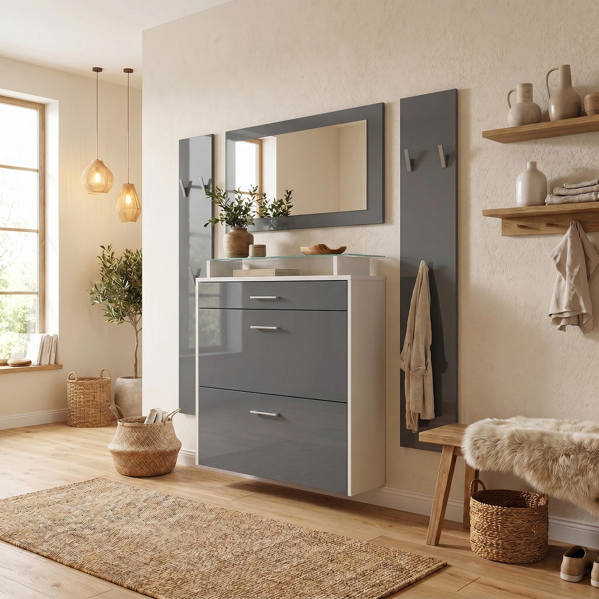 GARDEROBE Malea Front in Grau Hochglanz - Grau, Holzwerkstoff (180/180/23cm) - Vladon
