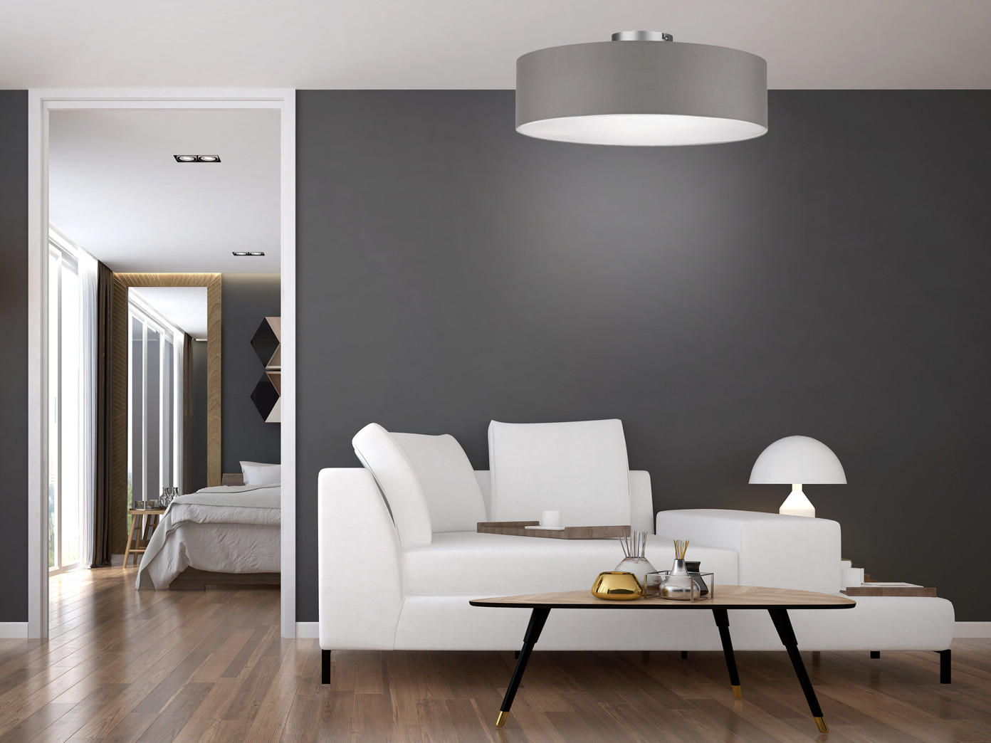 Thumbnail - meineWunschleuchte Deckenlampe, Braun, Grau, Textil, Rund,Rund, 40x19x40 cm, Lampen & Leuchten, Innenbeleuchtung, Decken...