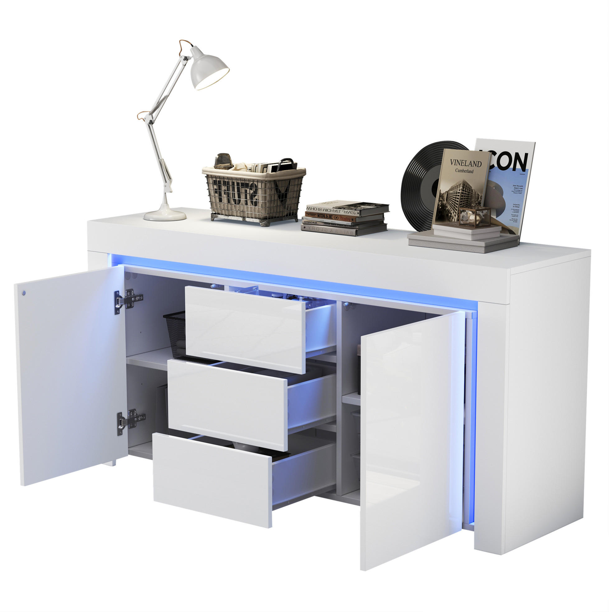 Modfu KOMODA z MDF 140x40x65 cm bílá s LED osvětlením, 3 zásuvkami, 2 dvířky a vysoce lesklým čelem