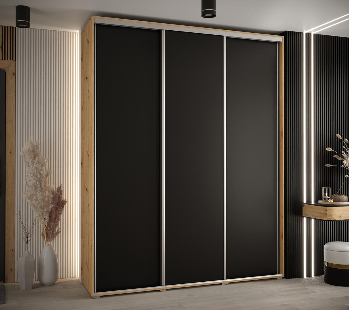 SCHWEBETÜRENSCHRANK 235,2/200/45 3-türig - Silberfarben/Schwarz, Holz/Metall (200/235/45cm) - Abiks Möbel