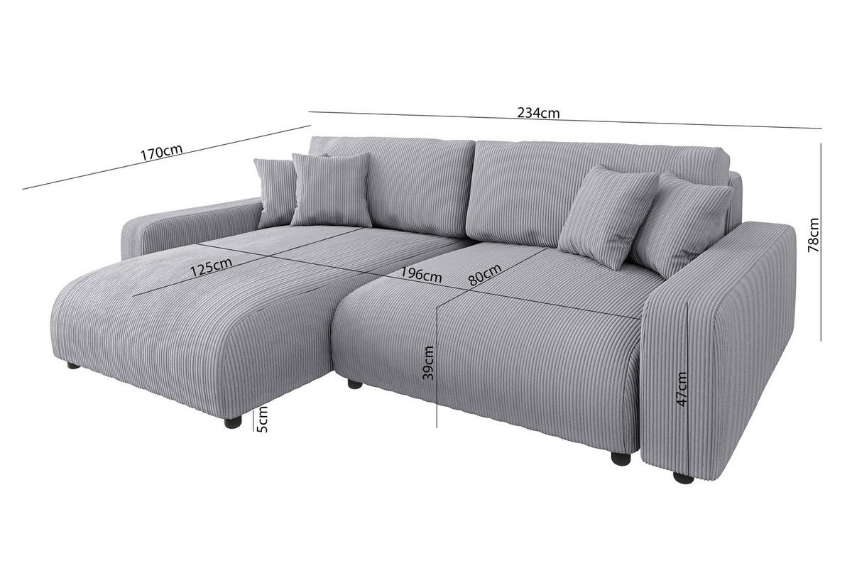ECKSOFA Emma Hellgrau Cord - Ottomane links - Hellgrau, Textil (234/170cm) - S-Style Möbel