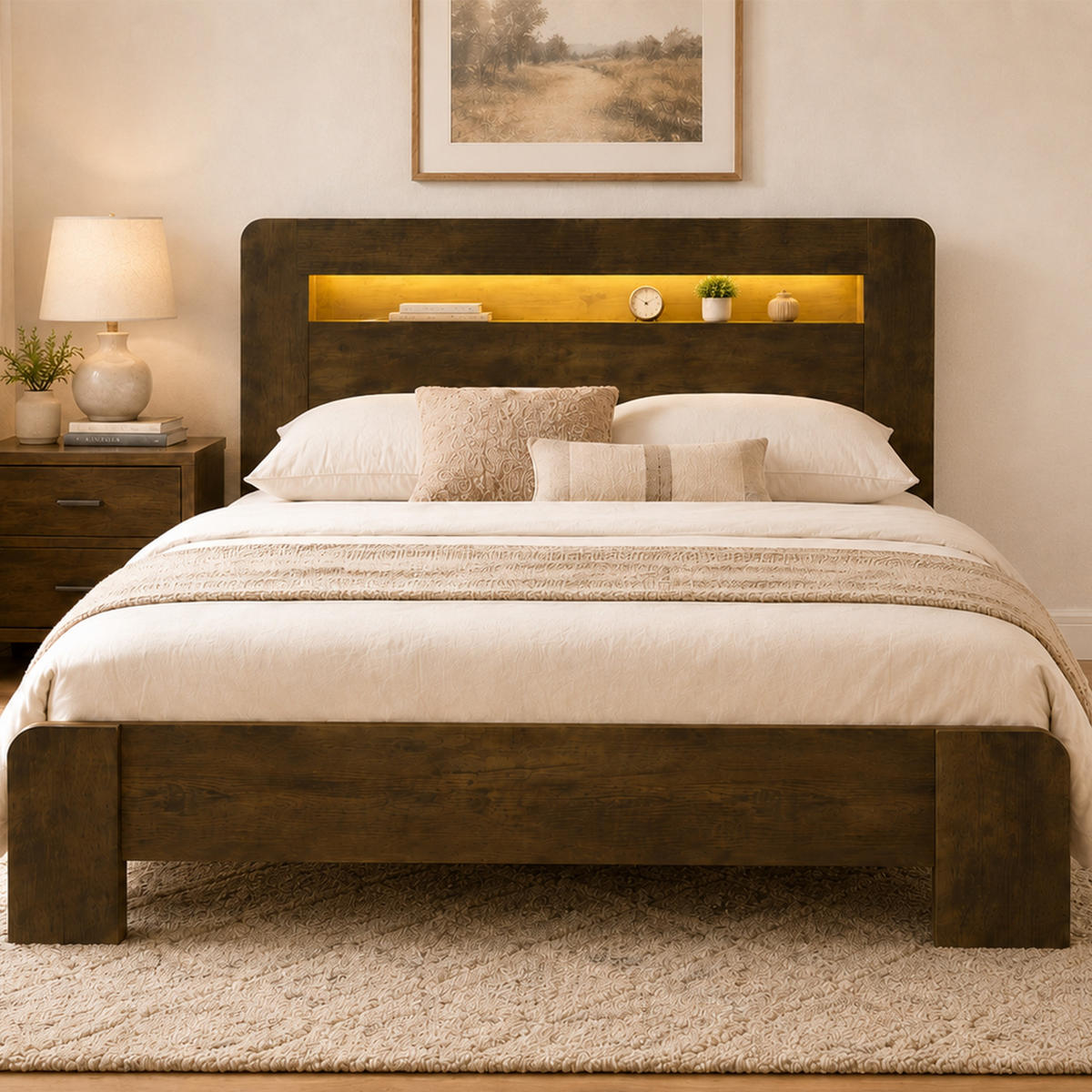 POLSTERBETT 140/200 cm Holzfarbe mit LED-Beleuchtung und integrierte Steckdosen - Eichefarben, Holz (140/200cm) - Oxeza