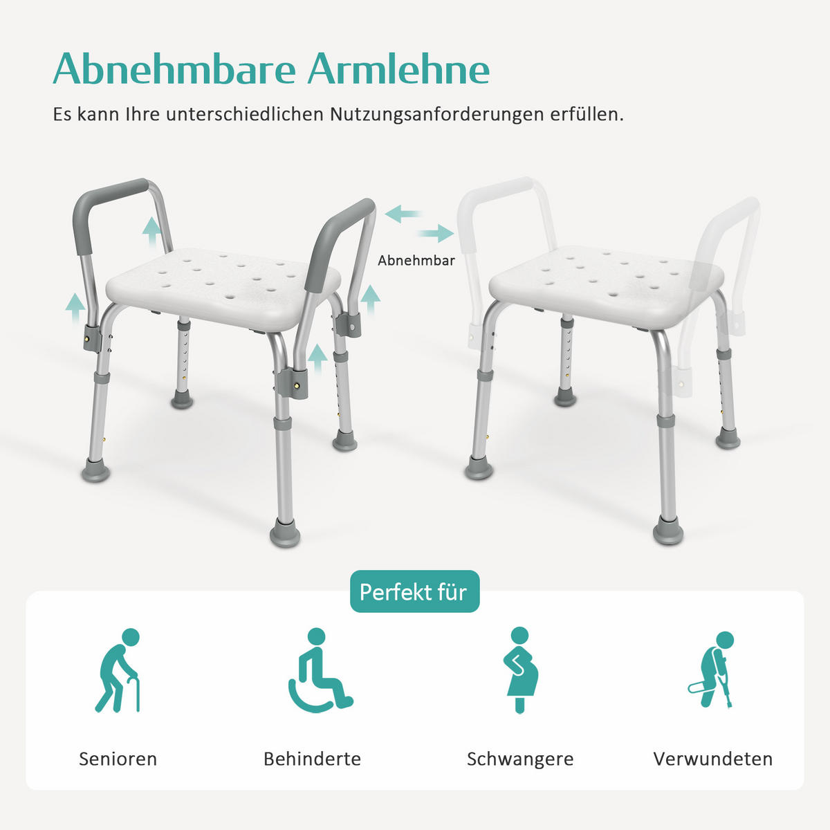 DUSCHHOCKER mit Abnehmbarer Armlehne 47,5/38,5/56,5 cm - Weiß, Metall (47/56/38cm) - EMKE