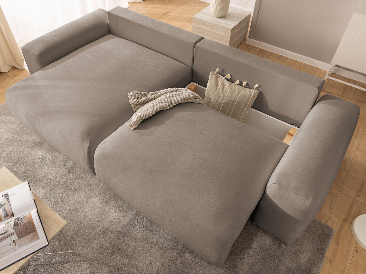 ECKSOFA Puffy mit Schlaffunktion und Bettkasten - besonders weich und puffig aus Greige Webstoff - Ottomane links - Greige/Schwarz, Holz/Kunststoff (138/266cm) - S-Style Möbel