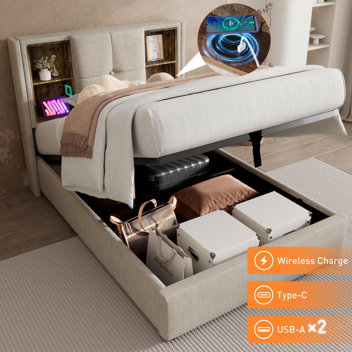 EINZELBETT 90/200 cm mit Kabellosem Laden und Stauraum - Naturfarben, Textil (90/200cm) - OKWISH