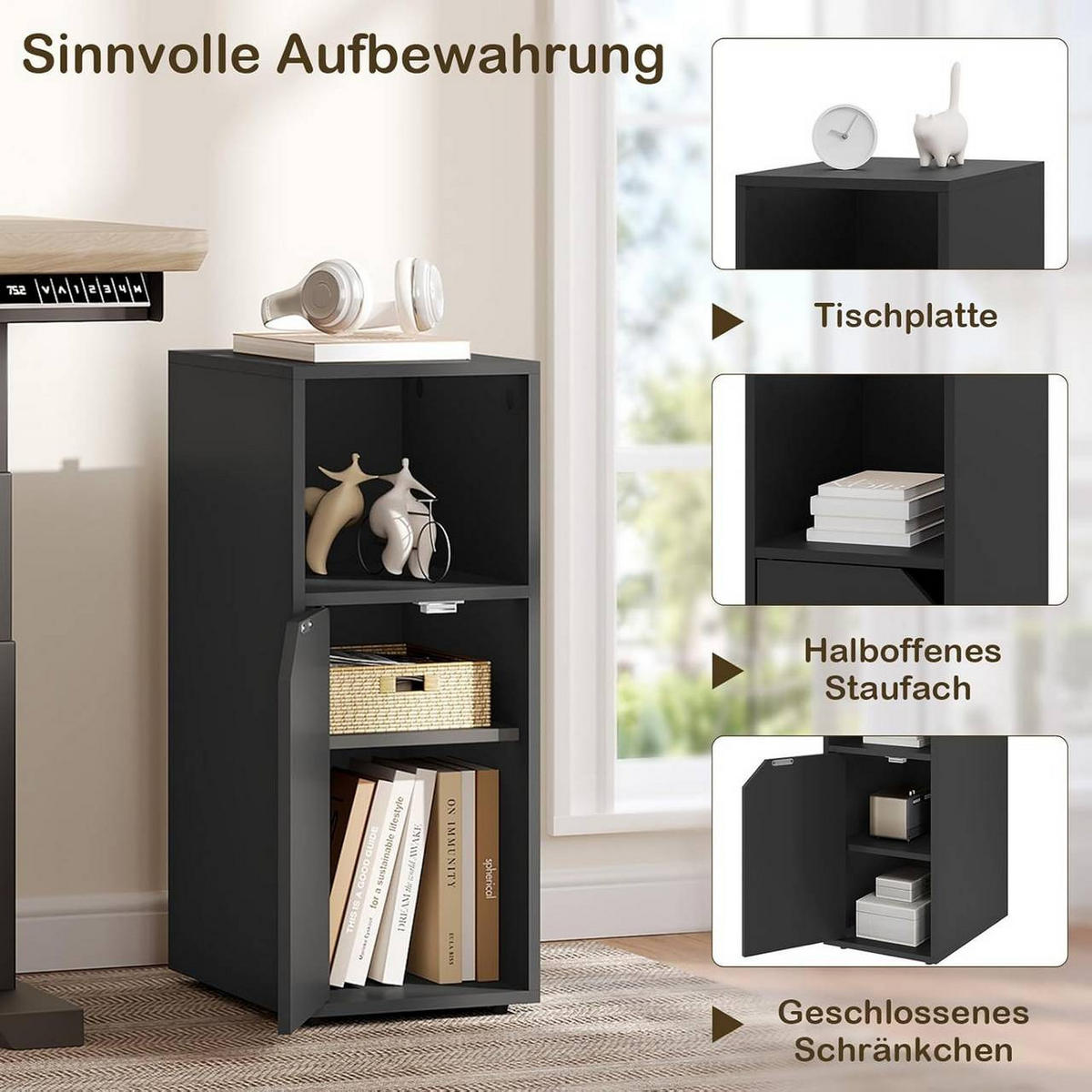 NACHTTISCH 2er Set schmal, mit offenem Fach und Tür, Schwarz - Schwarz, Holzwerkstoff (25/62/35cm) - Woltu