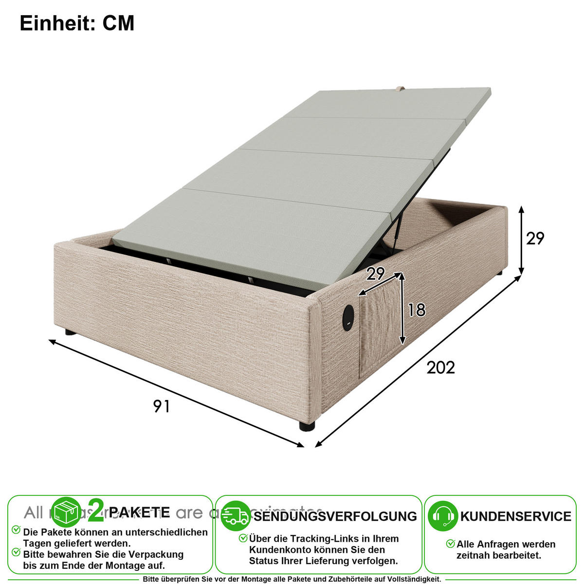 ČALOUNĚNÁ POSTEL 90/200 cm v přírodní barvě s úložným prostorem, USB a Type-C - přírodní, kov/kompozitní dřevo (90/200cm) - CHICFURN