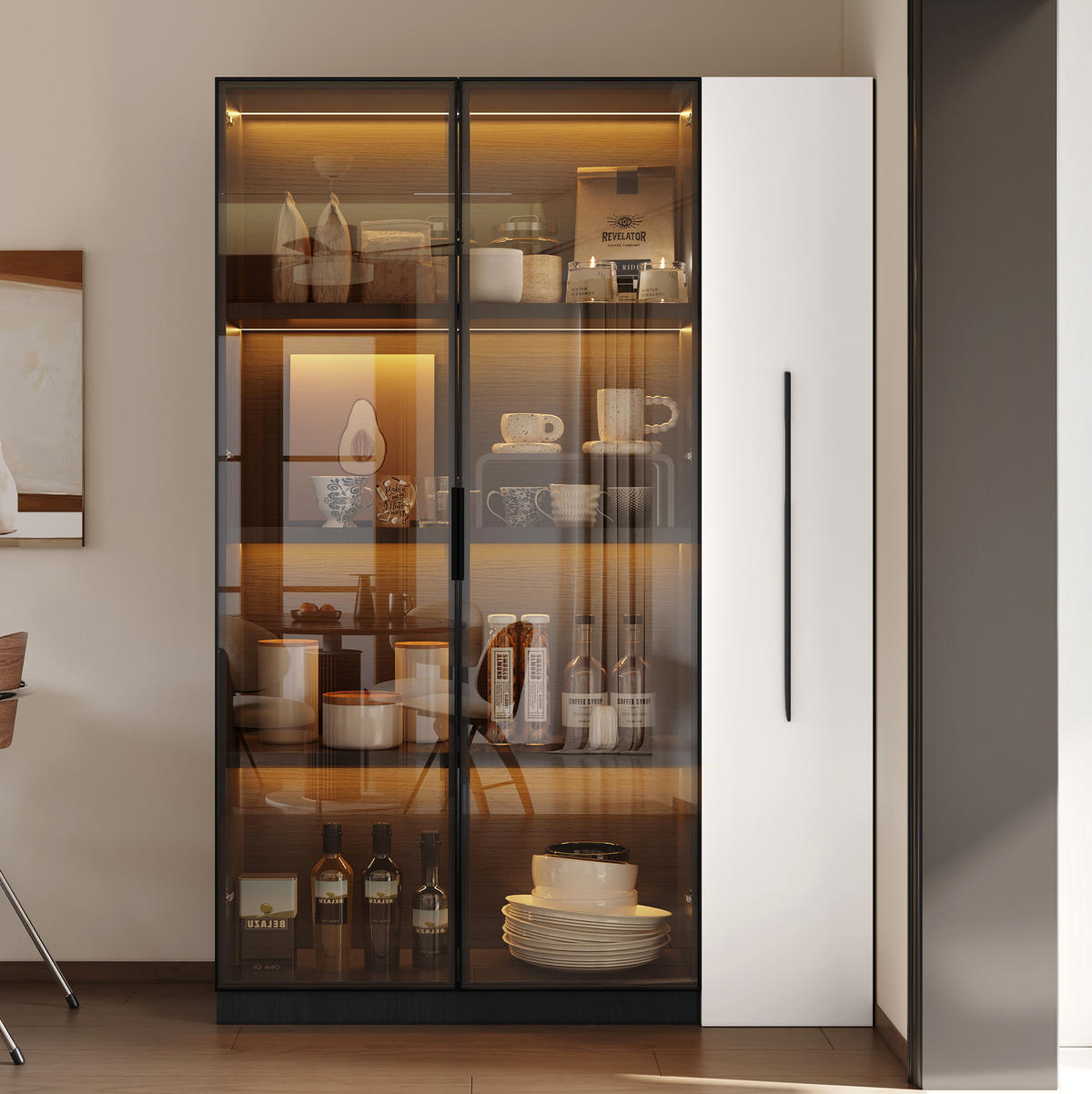 VITRINE 110.5/35/160 cm schwarz/weiß aus MDF mit LED-Beleuchtung - Schwarz, Holzwerkstoff (35/160/110.5cm) - OKMYHOME