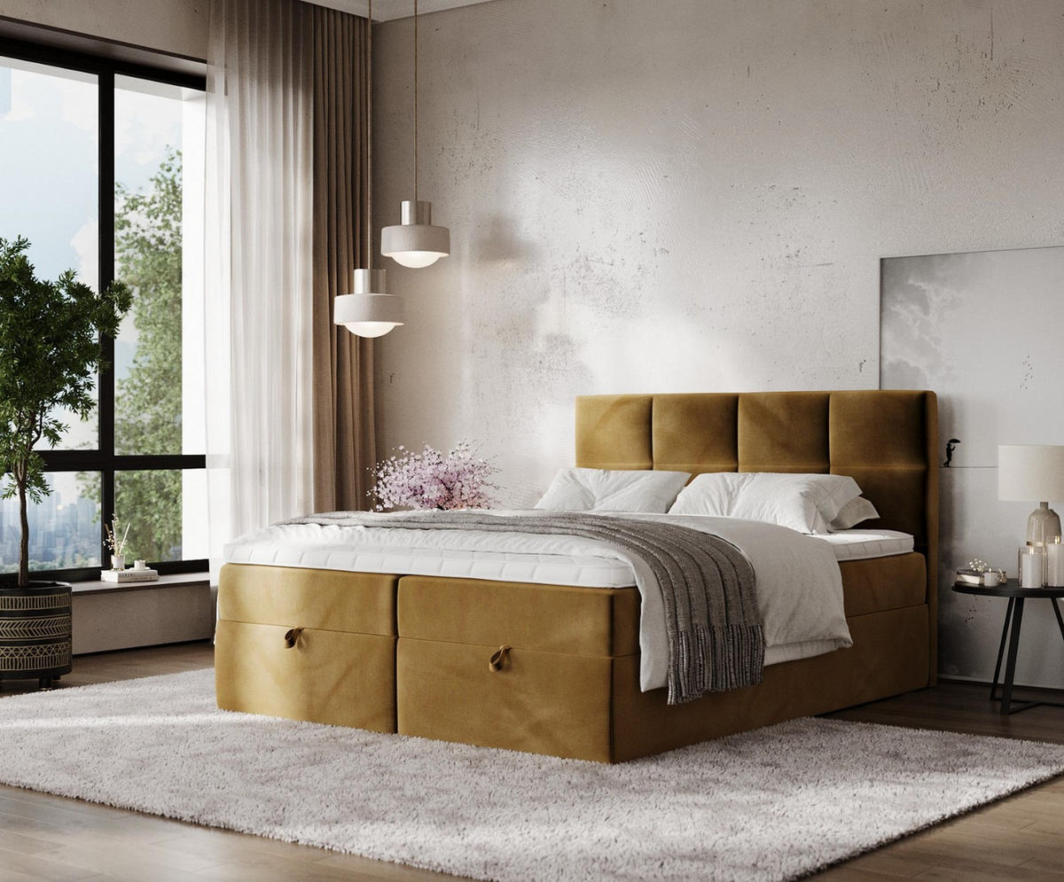 BOXBETT Velto 200/200 cm Honiggelb im Kronos Stoff - Schwarz/Honig, Holz/Holzwerkstoff (200/200cm) - AltaBeds