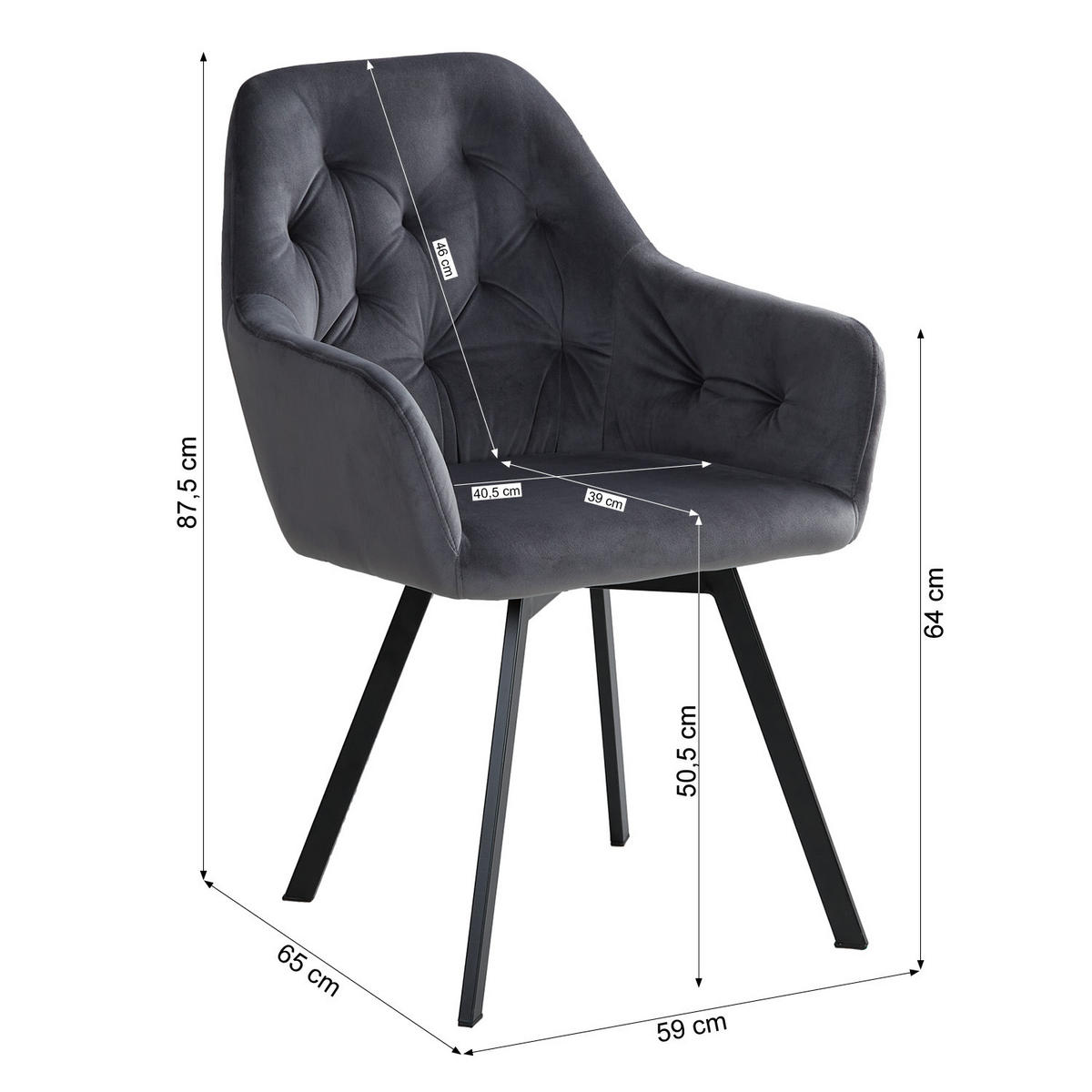 ARMLEHNSTUHL drehbar in Stahl Samt Grau - Grau, Textil (59/88/65cm) - Homestyle4u
