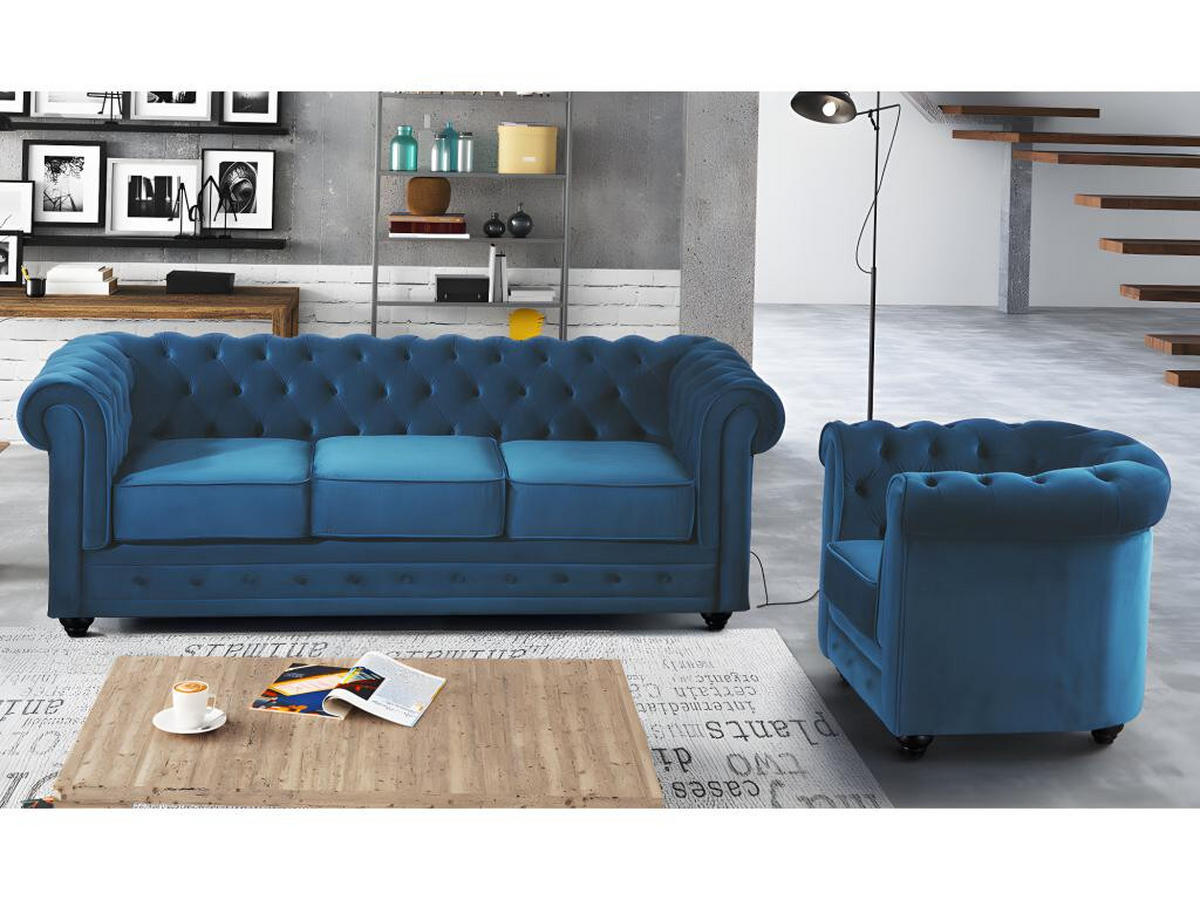 COUCHGARNITUR 3+1 - Samt - Grünblau - CHESTERFIELD - Petrol, Textil (88/72/205cm) - Vente-Unique
