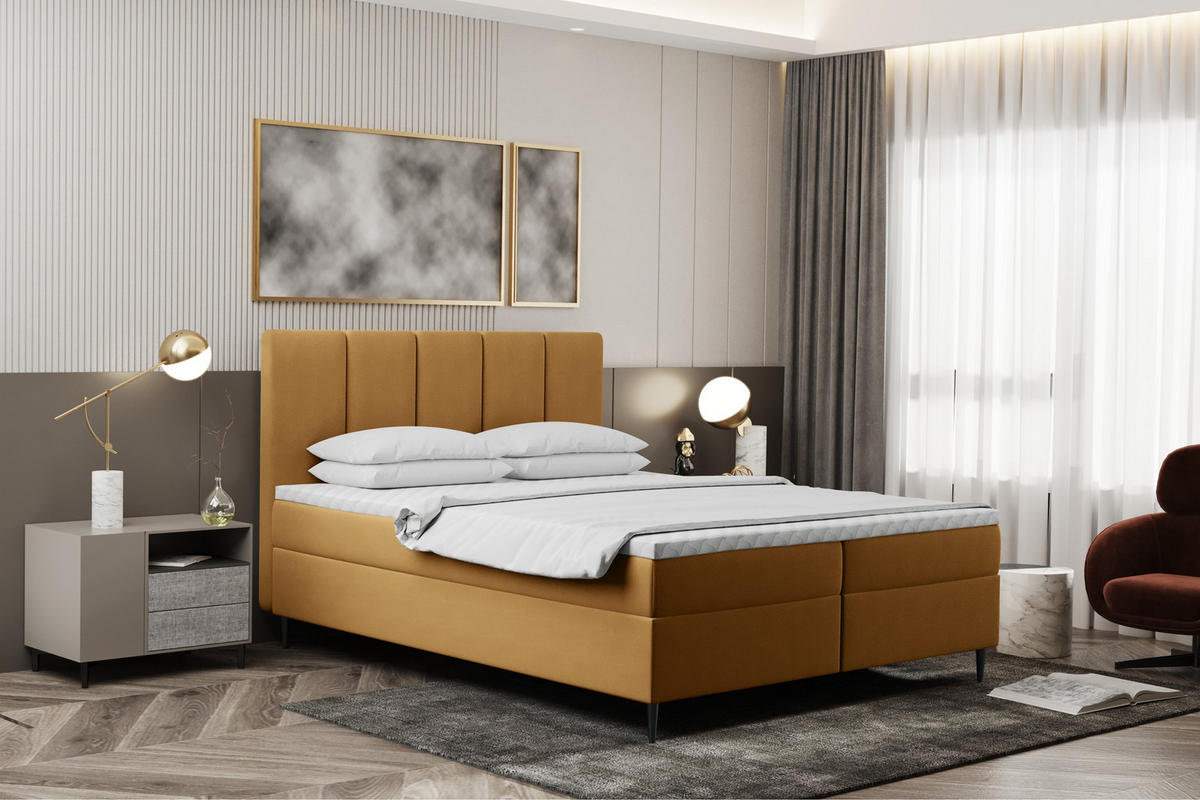 BOXBETT Mit Bettkasten Und Matratze POEL Gelb 140x200 cm H3-Bonell - Mooreichefarben/Gelb, Holz/Holzwerkstoff (140/200cm) - Kaiser Möbel