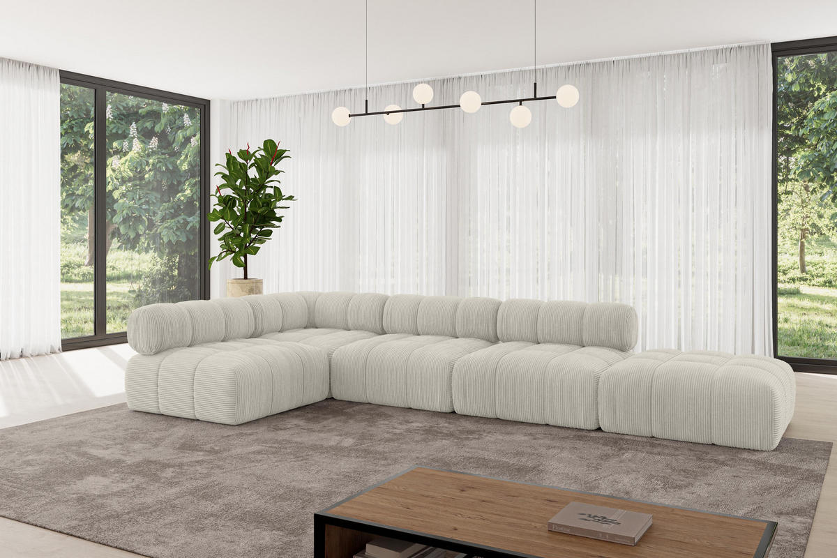 ECKSOFA modulares Sofa Favio-L2 - 380x190x70 cm Creme Cord - Hellgrau/Creme, Holzwerkstoff/Textil (380/190cm) - ALTDECOR