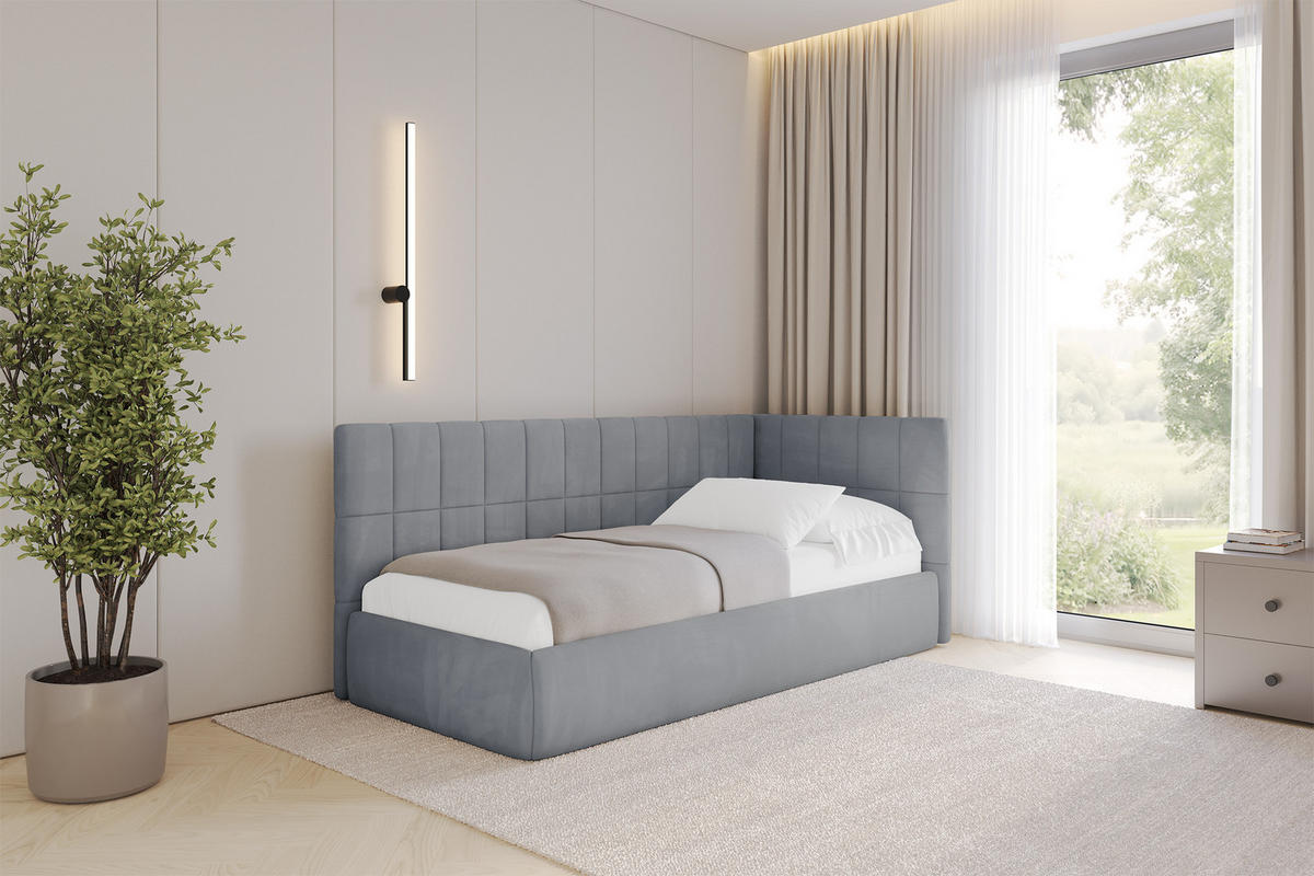 EINZELLBETT Jugendbett mit Bettkasten und Matratze H3/H4, Links - TULY 90x200 Grau - Grau, Holzwerkstoff/Textil (90/200cm) - ALTDECOR