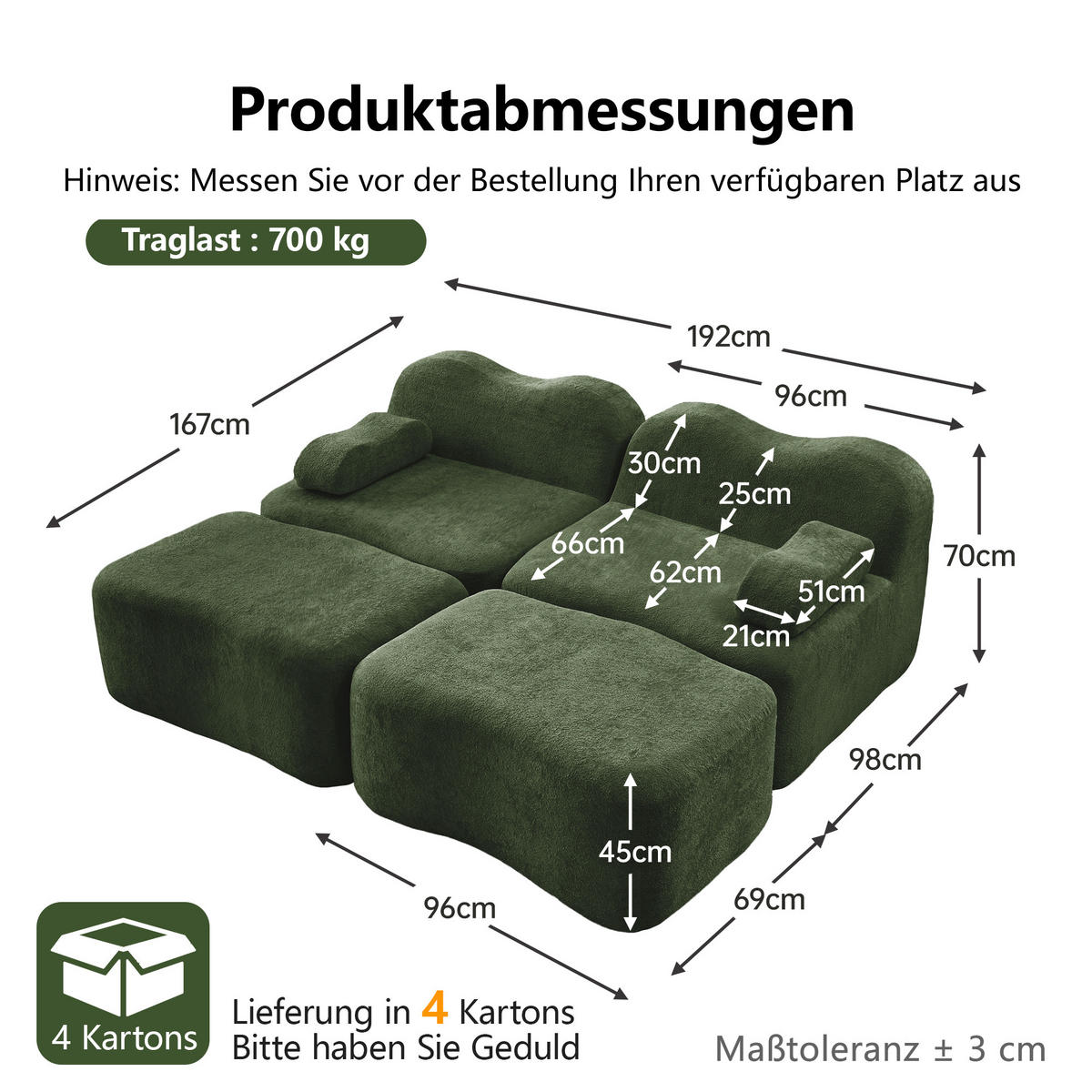2-SITZER-SOFA DE-34348 mit 2 Ottomans Grün - Grün, Textil (167/70/192cm) - ComfortXL