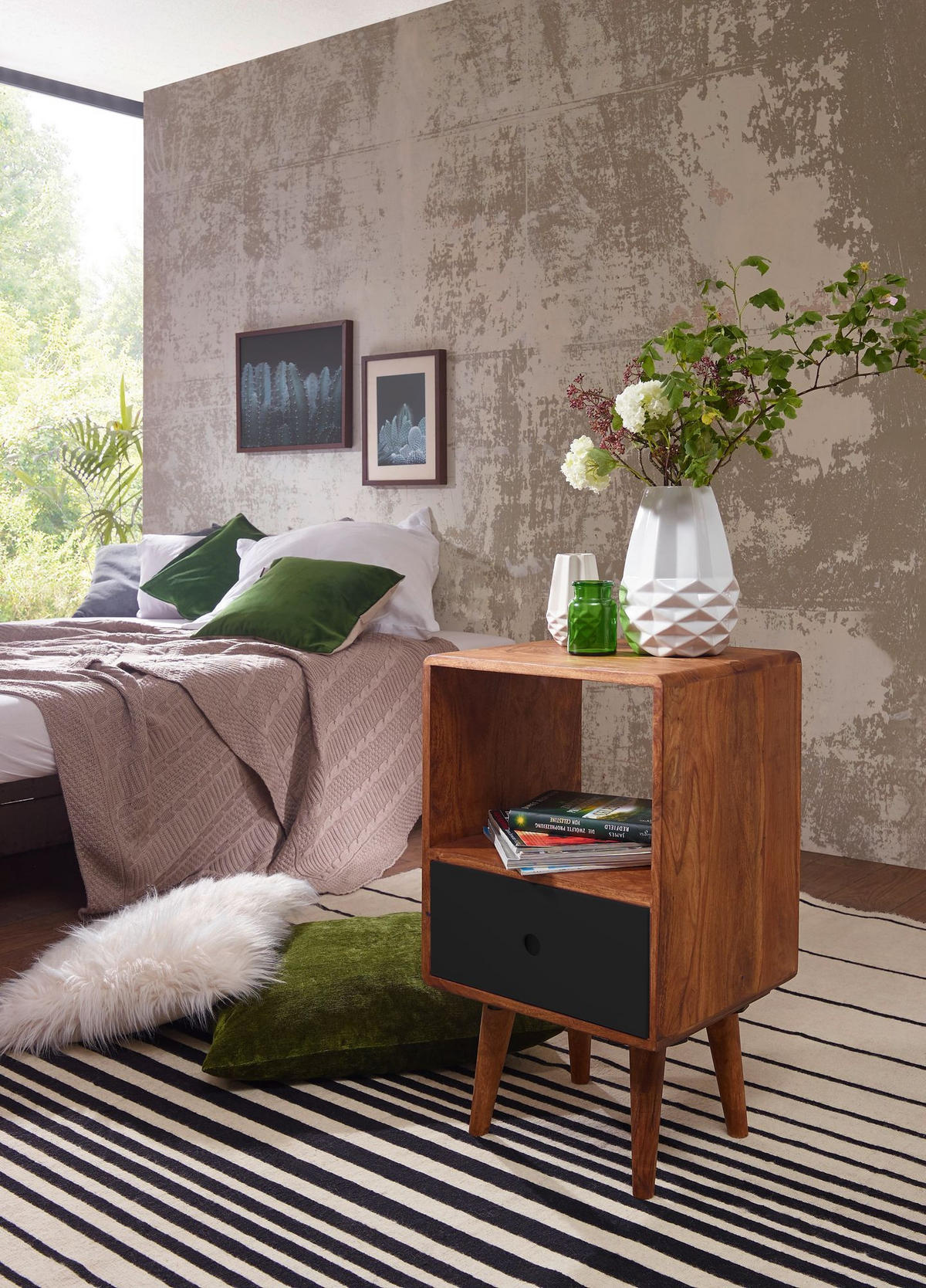 NACHTTISCH – Massivholz, 70 cm hoch, Retro-Stil, für Boxspringbett - Schwarz/Braun, Holz (40/70/35cm) - KADIMA DESIGN