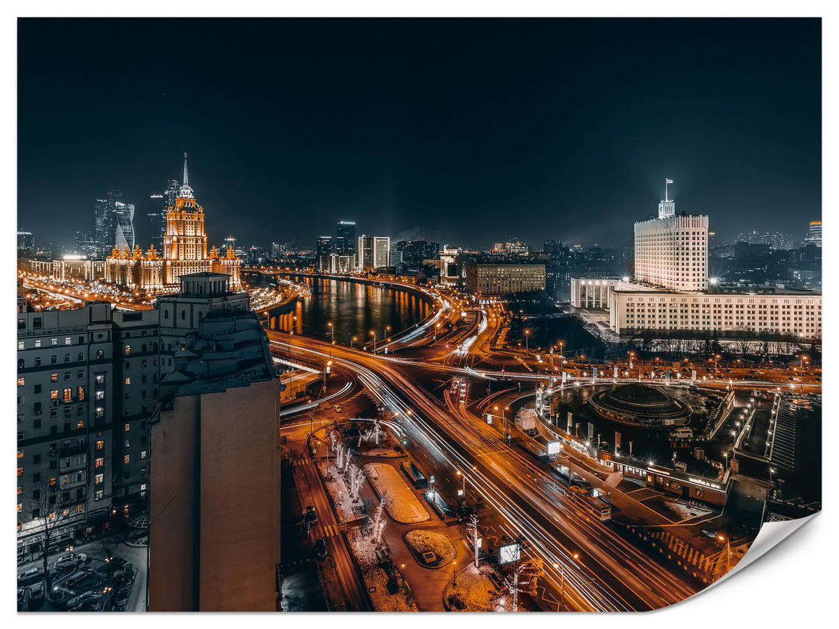 FOTOTAPETE für Wohnzimmer Moskau Nacht Panorama Metropole Straßen 200x140 - Beige/Schwarz, Papier (200/140cm) - Muralo