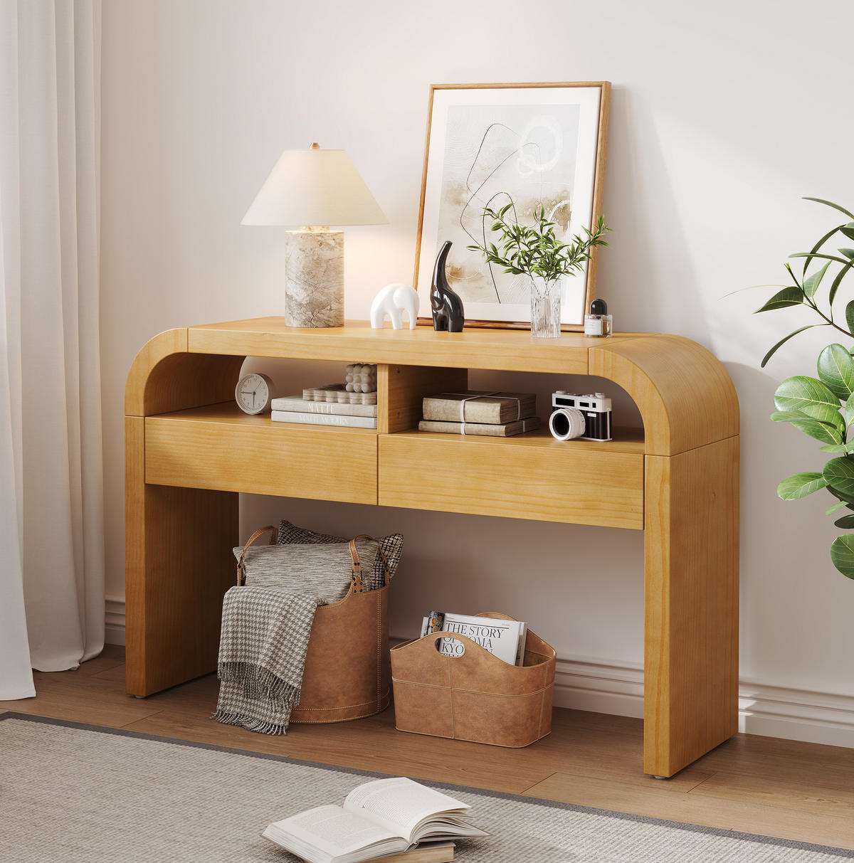 KONSOLENTISCH 120/35,5/76,5 cm natur aus MDF mit 2 Schubladen und verstellbaren Stellfüßen - Naturfarben, Holzwerkstoff (120/35.5/76.5cm) - OKWISH