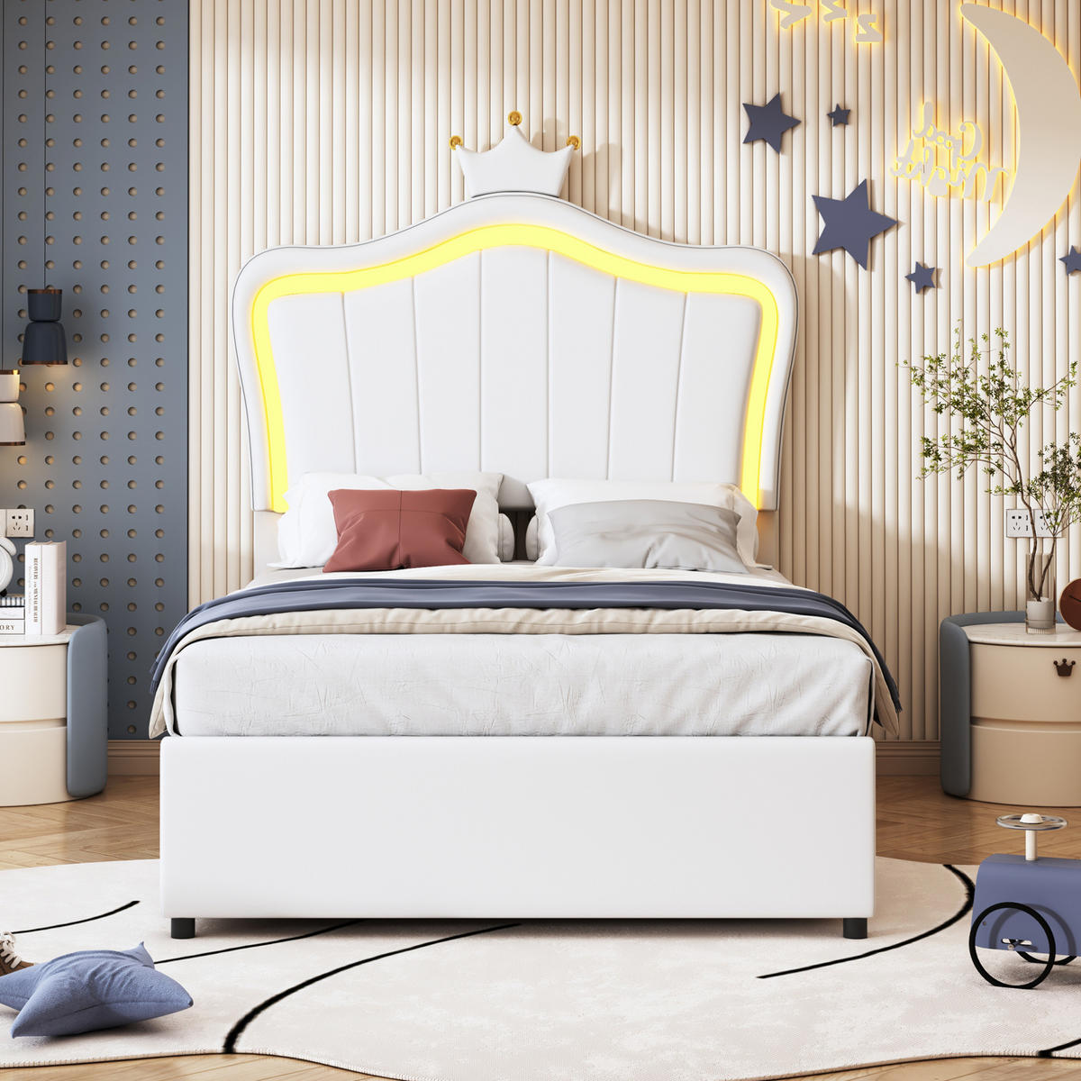 KINDERBETT 90/200 cm aus Kunstleder mit LED-Beleuchtung, hydraulischem Stauraum und höhenverstellbarem Kopfteil, Weiß - Weiß, Holzwerkstoff (90/200cm) - Redom