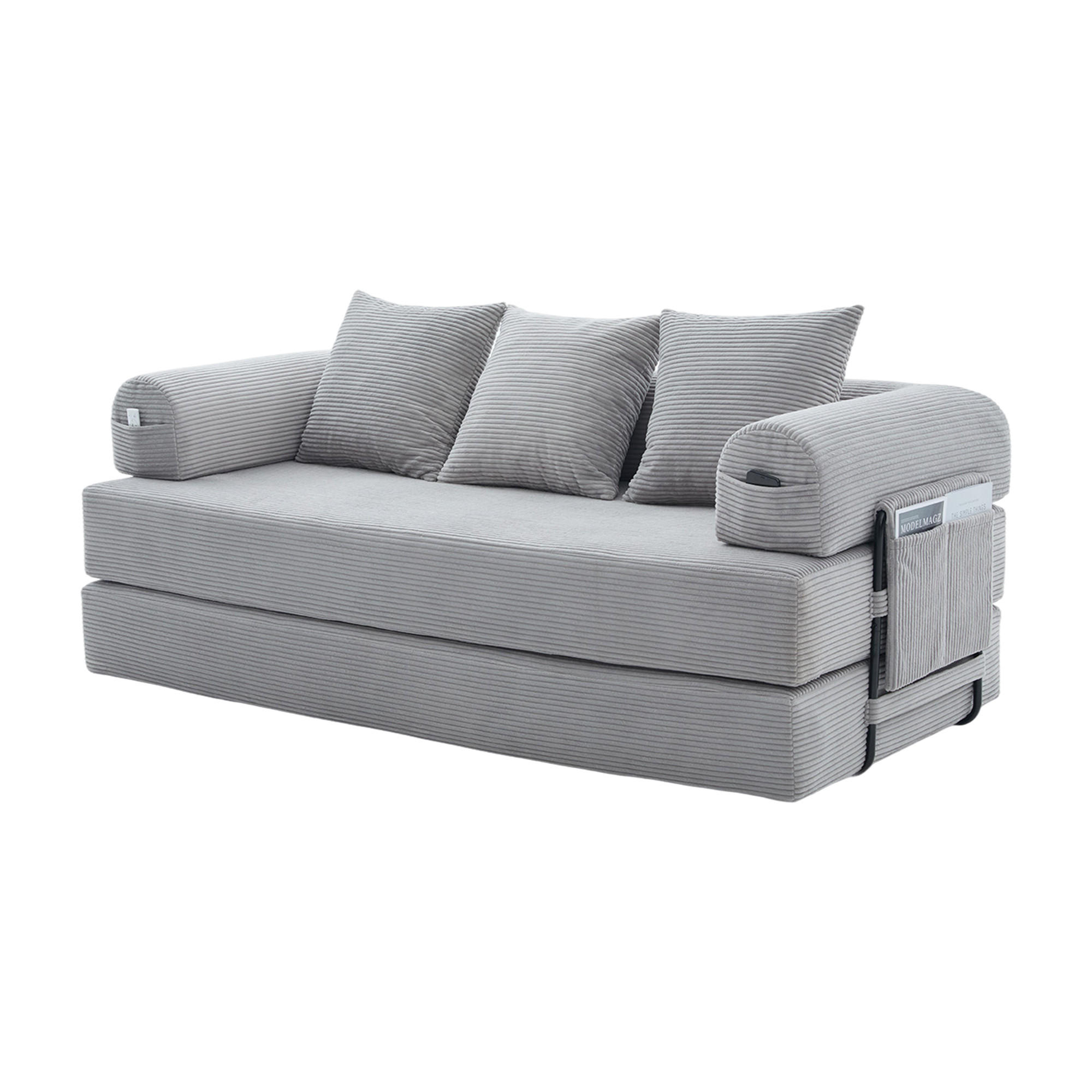 SCHLAFSOFA DE-33705 mit 3 Kissen und Seitentasche Hellgrau - Hellgrau, Textil (200/67/94cm) - ComfortXL