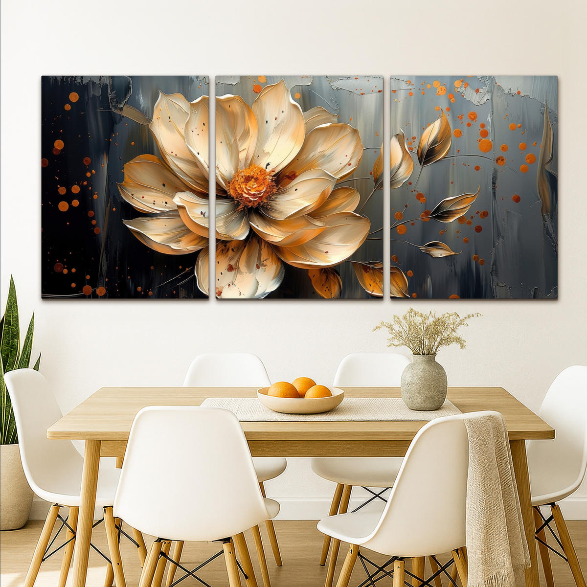LEINWANDBILD 3er Set Blume - Gold - Abstrakt - Farbe 180x80 cm - Creme, Textil (180/80cm) - MuchoWow