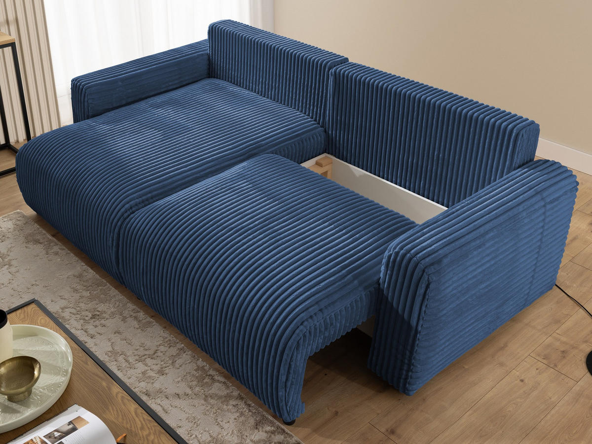 ECKSOFA Calma mit Schlaffunktion und Bettkasten im Bumpy-Design aus weichem Marineblau Plüschcord - Ottomane links - Blau/Schwarz, Holz/Kunststoff (239/140cm) - S-Style